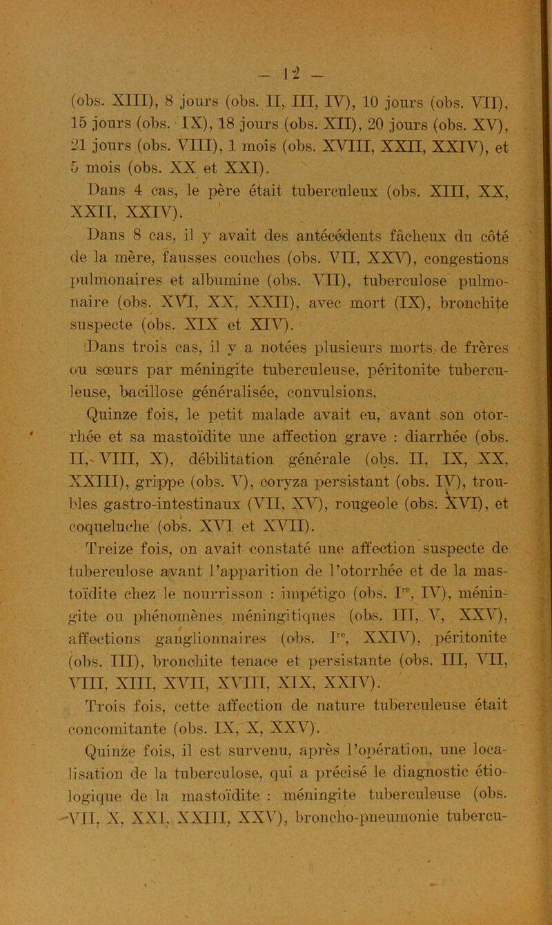 15 jours (obs. IX), 18 jours (obs. XII), 20 jours (obs. XV), 21 jours (obs. VIII), 1 mois (obs. XVIII, XXII, XXIV), et 5 mois (obs. XX et XXI). Dans 4 cas, le père était tuberculeux (obs. XIII, XX, XXII, XXIV). Dans 8 cas, il y avait des antécédents fâcheux du côté . de la mère, fausses couches (obs. VII, XX^O, congestions pulmonaires et albumine (obs. VII), tuberculose pulmo- naire (obs. XVl, XX, XXII), avec mort (IX), bronchite suspecte (obs. XIX et XIV). iDans trois cas, il y a notées plusieurs morts, de frères ou sœurs par méningite tuberculeuse, péritonite tubercu- leuse, bacillose généralisée, convulsions. Quinze fois, le petit malade avait eu, avant son otor- rhée et sa mastoïdite une affection grave : diarrhée (obs. II,>VIII, X), débilitation générale (obs. II, IX, XX, XXIII), grippe (obs. V), coryza persistant (obs. IV), trou- blés gastro-intestinaux (VII, XV), rougeole (obsi XVI), et coqueluche (obs. XVI et XVII). Treize fois, on avait constaté une affection suspecte de tuberculose avant l’apparition de l’otorrhée et de la mas- toïdite chez le nourrisson : impétigo (obs. I™, IV), ménin- gite ou phénomènes méningitiques (obs. TIT, V, XXV), affections ganglionnaires (obs. T®, XXIV), péritonite (obs. III), bronchite tenace et persistante (obs. III, VII, Ylll, XIII, XVII, XVIII, XIX, XXIV). Trois fois, cette affection de nature tuberculeuse était concomitante (obs. IX, X, XXV). Quinze fois, il est survenu, après l’opération, une loca- lisation de la tuberculose, qui a précisé le diagnostic étio- logique de la mastoïdite : méningite tuberculeuse (obs. '■yil, X, XXI, XXIII, XXV), broncho-pneumonie tubercu-