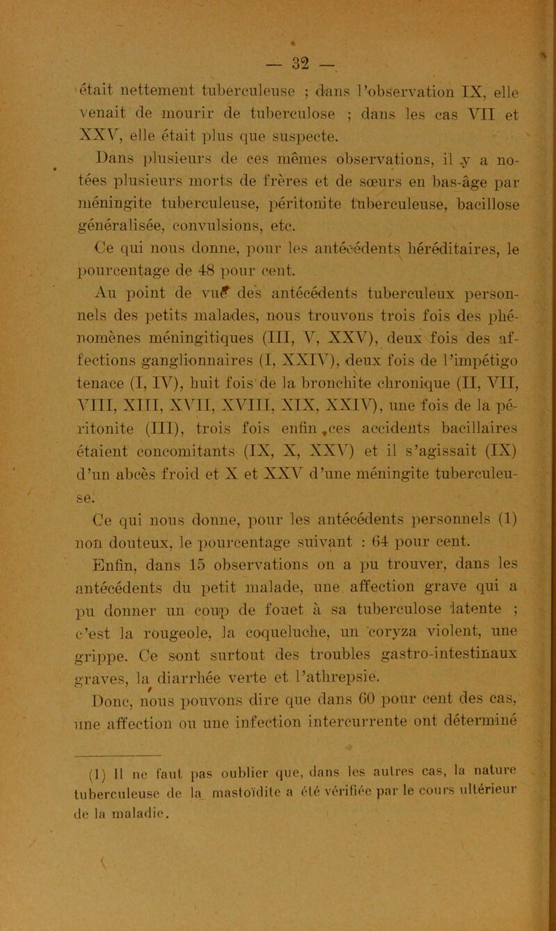 'était nettement tuberculeuse ; clans l’observation IX, elle venait de mourir de tuberculose ; dans les cas YJl et XXV, elle était plus cpie suspecte. Dans plnsieurs de ces mêmes observations, il ,y a no- tées plusieurs morts de frères et de sœurs en bas-âge par méningite tuberculeuse, péritonite tuberculeuse, bacillose généralisée, convulsions, etc. Ce qui nous donne, pour les antécédents héréditaires, le pourcentage de 48 pour cent. Au point de vu^ des antécédents tuberculeux person- nels des petits malades, nous trouvons trois fois des phé- nomènes méningitiques (III, V, XXV), deux fois des af- fections ganglionnaires (I, XXIV), deux fois de l’impétigo tenace (I, IV), huit fois'de la bronchite chronique (II, VII, VIII, XIII, XVII, XVIII, XIX, XXRO, ime fois de la pé- ritonite (III), trois fois enfin,ces accidents bacillaires étaient concomitants (IX, X, XXA”^) et il s’agissait (IX) d’un abcès froid et X et XXV d’une méningite tuberculeu- se. Ce qui nous donne, pour les antécédents personnels (1) non douteux, le pourcentage suivant : 64 pour cent. Enfin, dans 15 observations on a pu trouver, dans les antécédents du petit malade, une affection grave qui a pu donner un coup de fouet à sa tuberculose latente ; c’est la rougeole, la coqueluche, un coryza violent, une grippe. Ce sont surtout des troubles gastro-intestinaux graves, la diarrhée verte et l’athrepsie. Donc, nous pouvons dire que dans 60 pour cent des cas, une affection ou une infection intercurrente ont déterminé (1) 11 ne faut pas oublier que, dans les autres cas, la nature tuberculeuse de la_ mastoïdite a été vérifiée par le cours ultérieur de la maladie.