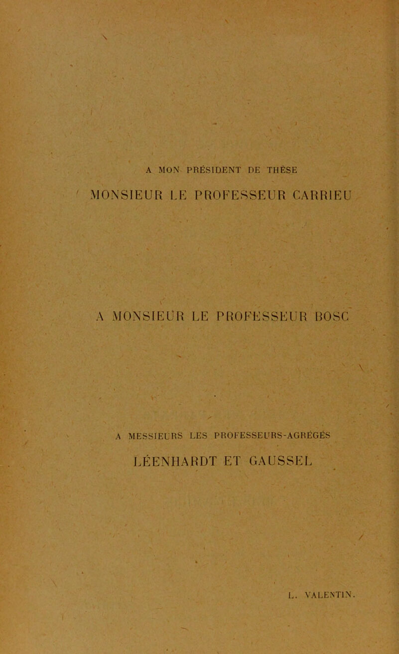 A MON PRÉSIDENT DE THÈSE MONSIEUR LE PROEESSEUR CARR1EU A MONSIEUR LE PROFESSEUR BOSC A MESSIEURS LES P HOTESSE URS-AGRËGÉS LEENHARDT ET GAUSSEE