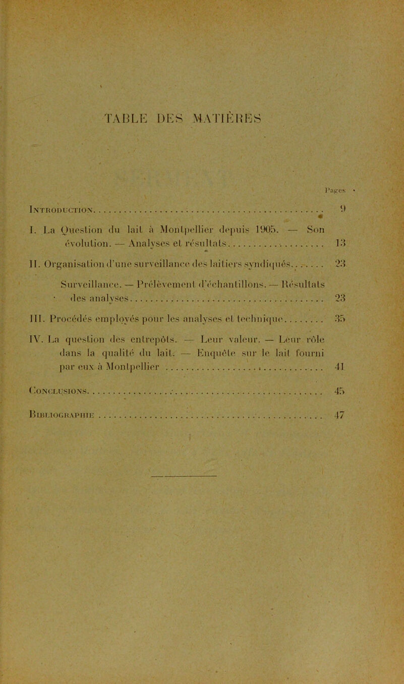 / TABLE DES MATIERES Patres • Introduction ‘I « I. La Question du lait à Montpellier depuis HM)5. — Son évolution. — Analyses et résultats 13 * II. Organisation d’une surveillance des laitiers syndiqués 23 Surveillance. — Prélèvement d'échantillons.— Résultats des analyses 23 III. Procédés employés pour les analyses et technique 35 IV. La question des entrepôts. — Leur valeur. — Leur rôle dans la qualité du lait. — KnquèLe sur le lait fourni par eux à Montpellier 41 Conclusions • 45 Bibliographie 47 N l