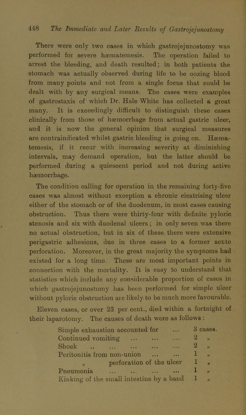 There were only two cases in which gastrojejunostomy was performed for severe haematemesis. The operation failed to arrest the bleeding, and death resulted; in both patients the stomach was actually observed during life to be oozing blood from many points and not from a single focus that could be dealt with by any surgical means. The cases were examples of gastrostaxis of which Dr. Hale White has collected a great many. It is exceedingly difficult to distinguish these cases clinically from those of haemorrhage from actual gastric ulcer, and it is now the general opinion that surgical measures are contraindicated whilst gastric bleeding is going on. Haema- temesis, if it recur with increasing severity at diminishing intervals, may demand operation, but the latter should be performed during a quiescent period and not during active haemorrhage. The condition calling for operation in the remaining forty-five cases was almost without exception a chronic cicatrising ulcer either of the stomach or of the duodenum, in most cases causing obstruction. Thus there were thirty-four with definite pyloric stenosis and six with duodenal ulcers ; in only seven was there no actual obstruction, but in six of these, there were extensive perigastric adhesions, due in three cases to a former acute perforation. Moreover, in the great majority the symptoms had existed for a long time. These are most important points in connection with the mortality. It is easy to understand that statistics which include any considerable proportion of cases in which gastrojejunostomy has been performed for simple ulcer without pyloric obstruction are likely to be much more favourable. Eleven cases, or over 23 per cent., died within a fortnight of their laparotomy. The causes of death were as follows : Simple exhaustion accounted for ... 3 cases. Continued vomiting ... ... ... 2 „ Shock .. ... ... ... ••• 2 „ Peritonitis from non-union ... ... 1 „ „ perforation of the ulcer 1 „ Pneumonia ... .. ... ••• 1 « Kinking of the small intestine by a band 1 „