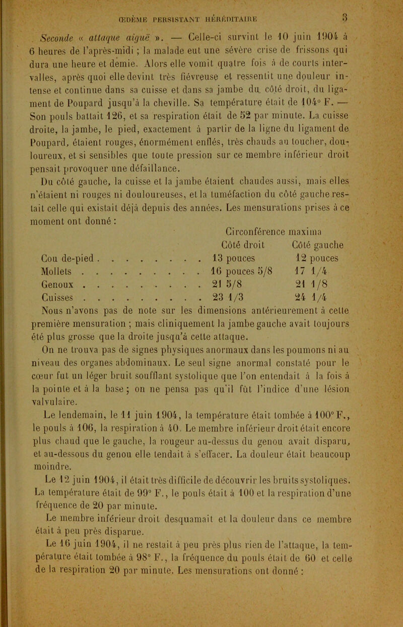 Seconde « attaque aiguë ». — Celle-ci survint le 10 juin 1004 à 6 heures de l’après-midi ; la malade eut une sévère crise de frissons qui dura une heure et demie. Alors elle vomit quatre fois à de courts inter- valles, après quoi elle devint très fiévreuse et ressentit une douleur in- tense et continue dans sa cuisse et dans sa jambe du côté droit, du liga- ment de Poupard jusqu’à la cheville. Sa température était de 104° F. — Son pouls battait 126, et sa respiration était de 52 par minute. La cuisse droite, la jambe, le pied, exactement à partir de la ligne du ligament de Poupard, étaient rouges, énormément enflés, très chauds au loucher, dou- loureux, et si sensibles que toute pression sur ce membre inférieur droit pensait provoquer une défaillance. Du côté gauche, la cuisse et la jambe étaient chaudes aussi, mais elles n’étaient ni rouges ni douloureuses, et la tuméfaction du côté gauche res- tait celle qui existait déjà depuis des années. Les mensurations prises à ce moment ont donné : Circonférence maxiina Côté droit Côté gauche Cou de-pied 13 pouces 12 pouces Mollets 16 pouces 5/8 17 1/4 Genoux 21 5/8 21 1/8 Cuisses 23 1/3 24 1/4 Nous n’avons pas de note sur les dimensions antérieurement à cette première mensuration ; mais cliniquement la jambe gauche avait toujours été plus grosse que la droite jusqu’à cette attaque. On ne trouva pas de signes physiques anormaux dans les poumons ni au niveau des organes abdominaux. Le seul signe anormal constaté pour le cœur fut un léger bruit soufflant systolique que l’on entendait à la fois à la pointe et à la base; on ne pensa pas qu'il fût l’indice d’une lésion valvulaire. Le lendemain, le 11 juin 1904, la température était tombée à 100°F., le pouls à 106, la respiration à 40. Le membre inférieur droit était encore plus chaud que le gauche, la rougeur au-dessus du genou avait disparu, et au-dessous du genou elle tendait à s'effacer. La douleur était beaucoup moindre. Le 12 juin 1904, il était très difficile de découvrir les bruits systoliques. La température était de 99° F., le pouls était à 100 et la respiration d’une Iréquence de 20 par minute. Le membre inférieur droit desquamait et la douleur dans ce membre était à peu près disparue. Le 16 juin 1904, il ne restait à peu près plus rien de l’attaque, la tem- pérature était tombée à 98° F., la fréquence du pouls était de 60 et celle de la respiration 20 par minute. Les mensurations ont donné :