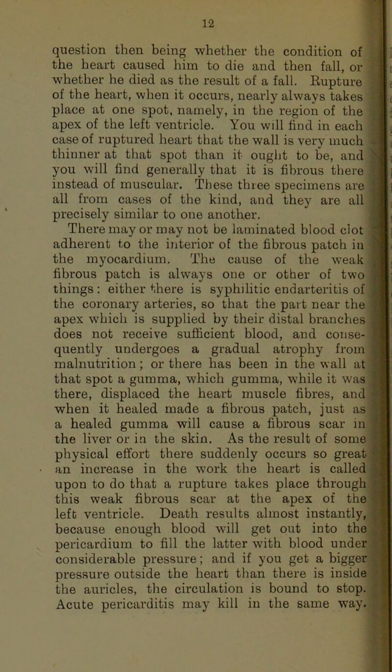 question then being whether the condition of HI the heart caused him to die and then fall, or S[ w'hether he died as the result of a fall. Eupture of the heart, when it occurs, nearly always takes place at one spot, namely, in the region of the apex of the left ventricle. You will find in each case of ruptured heart that the wall is very much flj thinner at that spot than it ought to be, and you will find generally that it is fibrous there Bj instead of muscular. These three specimens are all from cases of the kind, and they are all precisely similar to one another. There may or may not be laminated blood clot adherent to the ijiterior of the fibrous patch in^Hi the myocardium. The cause of the w’eak fibrous patch is always one or other of two^B; things : either there is syphilitic endarteritis of S, the coronary arteries, so that the part near the apex which is supplied by their distal branches does not receive sufficient blood, and conse- H quently undergoes a gradual atrophy from B, malnutrition; or there has been in the wall at that spot a gumma, which gumma, while it w'as 9 there, displaced the heart muscle fibres, and 9 when it healed made a fibrous patch, just as 9 a healed gumma will cause a fibrous scar in 9 the liver or in the skin. As the result of some ij physical effort there suddenly occurs so great 9 an increase in the work the heart is called B upon to do that a rupture takes place through '^B this weak fibrous scar at the apex of the left ventricle. Death results almost instantly, because enough blood will get out into the pericardium to fill the latter with blood under 9 considerable pressure; and if you get a bigger pressure outside the heart than there is inside the auricles, the circulation is bound to stop. Acute pericarditis may kill in the same way.