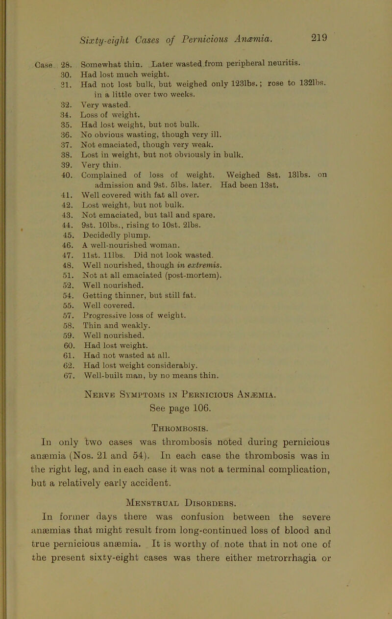 Case 28. Somewhat thin. Later wasted from peripheral neuritis. 30. Had lost much weight. 31. Had not lost bulk, but weighed only 1231bs.; rose to 1321hs. in a little over two weeks. 32. Very wasted. 34. Loss of weight. 35. Had lost weight, but not bulk. 36. No obvious wasting, though very ill. 37. Not emaciated, though very weak. 38. Lost in weight, but not obviously in bulk. 39. Very thin. 40. Complained of loss of weight. Weighed 8st. 131bs. on admission and 9st. 51bs. later. Had been 13st. 41. Well covered with fat all over. 42. Lost weight, but not bulk. 43. Not emaciated, but tall and spare. 44. 9st. lOlbs., rising to lOst. 21bs. 45. Decidedly plump. 46. A well-nourished woman. 47. list. mbs. Did not look wasted. 48. Well nourished, though in extremis. 51. Not at all emaciated (post-mortem). 52. Well nourished. 54. Getting thinner, but still fat. 55. Well covered. 57. Progressive loss of weight. 58. Thin and weakly. 59. Well nourished. 60. Had lost weight. 61. Had not wasted at all. 62. Had lost weight considerably. 67. Well-built man, by no means thin. Nekvb Symptoms in Pernicious Anaemia. See page 106. Thrombosis. In only two cases was thrombosis noted during pernicious anaemia (Nos. 21 and 54). In each case the thrombosis was in the right leg, and in each case it was not a terminal complication, but a relatively early accident. Menstrual Disorders. In former days there was confusion between the severe anaemias that might result from long-continued loss of blood and true pernicious anaemia. It is worthy of note that in not one of the present sixty-eight cases was there either metrorrhagia or