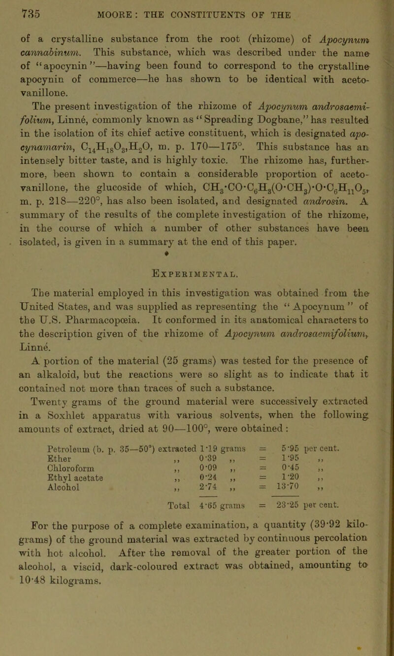 of a crystalline substance from the root (rhizome) of Apocynum cannabinum. This substance, which was descriljed under the name of “apocynin”—having been found to correspond to the crystalline apocynin of commerce—he has shown to be identical with aceto- vanillone. The present investigation of the rhizome of Apocynum androsaemi- folium, Linn^j commonly known as “Spreading Dogbane,”has resulted in the isolation of its chief active constituent, which is designated apo- cynamarin, Ci^Hjg03,H20, m. p. 170—175°. This substance has an intensely bitter taste, and is highly toxic. The rhizome has, further- more, been shown to contain a considei’able proportion of aceto- vanillone, the glucoside of which, CH3*C0*CgHg(0CH3)’0‘CgHj^05, m. p. 218—220°, has also been isolated, and designated androsin. A summary of the results of the complete investigation of the rhizome, in the course of which a number of other substances have been isolated, is given in a summary at the end of this paper. Experimental. The material employed in this investigation was obtained from the United States, and was supplied as representing the “ Apocynum ” of the U.S. Pharmacopoeia. It conformed in its anatomical characters to the description given of the rhizome of Apocynum androsaemifoliuniy Linne. A portion of the material (25 grams) was tested for the pi-esence of an alkaloid, but the reactions were so slight as to indicate that it contained not more than traces of such a substance. Twenty grams of the ground material were successively extracted in a Soxhlet apparatus with various solvents, when the following amounts of extract, dried at 90—100°, were obtained: Petroleum (b. n. 35—50“) extracted 1’19 grams = 5 '95 per cent. Ether ,, 0-39 ,, = 1-95 Chlorofoi’m ,, 0-09 „ = 0-45 Ethyl acetate ,, 0-24 „ = 1-20 Alcohol ,, 2-74 = 13-70 Total 4’65 grams = 23-25 per cent. For the purpose of a complete examination, a quantity (39'92 kilo- grams) of the ground material was extracted by continuous percolation with hot alcohol. After the removal of the greater portion of the alcohol, a viscid, dark-coloured extract was obtained, amounting to 10'48 kilograms.