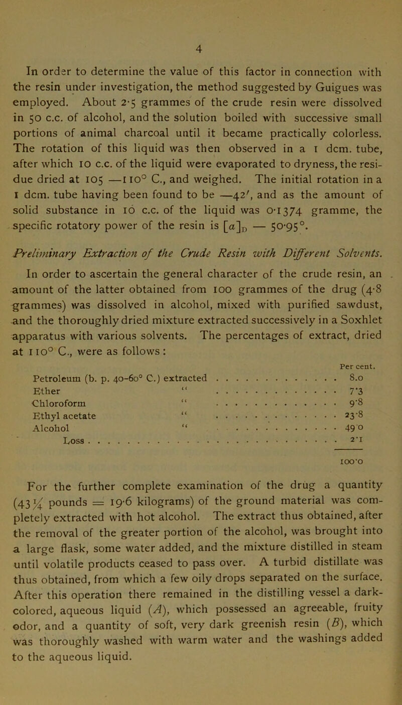 In order to determine the value of this factor in connection with the resin under investigation, the method suggested by Guigues was employed. About 2-5 grammes of the crude resin were dissolved in 50 c.c. of alcohol, and the solution boiled with successive small portions of animal charcoal until it became practically colorless. The rotation of this liquid was then observed in a i dcm. tube, after which 10 c.c. of the liquid were evaporated to dryness, the resi- due dried at 105 —110° C., and weighed. The initial rotation in a I dcm. tube having been found to be —42', and as the amount of solid substance in 16 c.c. of the liquid was 0-1374 gramme, the specific rotatory power of the resin is [a]j) — 50*95°. Preliminary Extraction of the Crude Resin with Different Solve^its. In order to ascertain the general character of the crude resin, an . amount of the latter obtained from 100 grammes of the drug (4-8 grammes) was dissolved in alcohol, mixed with purified sawdust, and the thoroughly dried mixture extracted successively in a Soxhlet apparatus with various solvents. The percentages of extract, dried at 110° C., were as follows: Per cent. Petroleum (b. p. 40-60° C.) extracted 8.0 Ether “ 7 3 Chloroform “ 9'^ Ethyl acetate “ 23-8 Alcohol “ ■ 490 Loss 2-1 lOO’O For the further complete examination of the drug a quantity (43^ pounds = 19-6 kilograms) of the ground material was com- pletely extracted with hot alcohol. The extract thus obtained, after the removal of the greater portion of the alcohol, was brought into a large flask, some water added, and the mixture distilled in steam until volatile products ceased to pass over. A turbid distillate was thus obtained, from which a few oily drops separated on the surface. After this operation there remained in the distilling vessel a dark- colored, aqueous liquid {Af which possessed an agreeable, fruity odor, and a quantity of soft, very dark greenish resin (B), which was thoroughly washed with warm water and the washings added to the aqueous liquid.