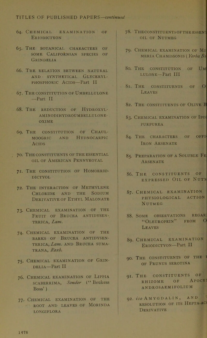 64. Chemical examination of Eriodictyon 65. The botanical characters of some Californian species of Grindelia 66. The relation between natural AND ■ SYNTHETICAL GLYCERYL- phosphoric Acids—Part II 67. The constitution of Umbellulone —Part II 68. The reduction of Hydroxyl- AMINODIHYDROU MBELI.U I.ONE- OXIME 69. The constitution of Chaul- MOOGRIC AND FlYDNOCARPIC Acids 70. The CONSTITUENTS OF THE ESSENTIAL oil of American Pennyroyal 71. The constitution of Homoerio- dictyol 72. The interaction of Methylene Chloride and the Sodium Derivative of Ethyl Malonate 73. Chemical examination of the Fruit of Brucea antidysen- terica, Lam. 74. Chemical examination of the barks of Brucea antidysen- TERICA,Lam. AND BRUCEA SUMA- trana, Roxb. 75. Chemical examination of Grin- delia—Part II 76. Chemical examination of Lippia SCABERRIMA, Sonder (“ Beukess Boss’ ) 77. Chemical examination of the ROOT AND LEAVES OF MORINDA LONGIFLORA 78. Theconstituentsofthk essen1; oil of Nutmeg 79. Chemical examination of Mi meria Chamissonis ( Verba Bi 80. The constitution of Um LULONE—Part III 81. The constituents of O Leaves 82. The constituents of Olive 13 83. Chemical examination of Ipo purpurea 84. The characters of offi Iron Arsenate 85. Preparation of a Soluble Fe Arsenate 86. The constituents of expressed Oil of Nutn 87. Chemical examination PHYSIOLOGICAL ACTION N UTMEG 88. Some observations regar “Oleuropein” from O Leaves 89. Chemical examination Eriodictyon—Part II 90. The constituents of the of Prunus serotina 91. The constituents of RHIZOME OF APOCY- ANDROS A EMIFOLIUM 92. iSO A M Y G D A L I N , AND RESOLUTION OF ITS HEPTA-ACI Derivative 1478