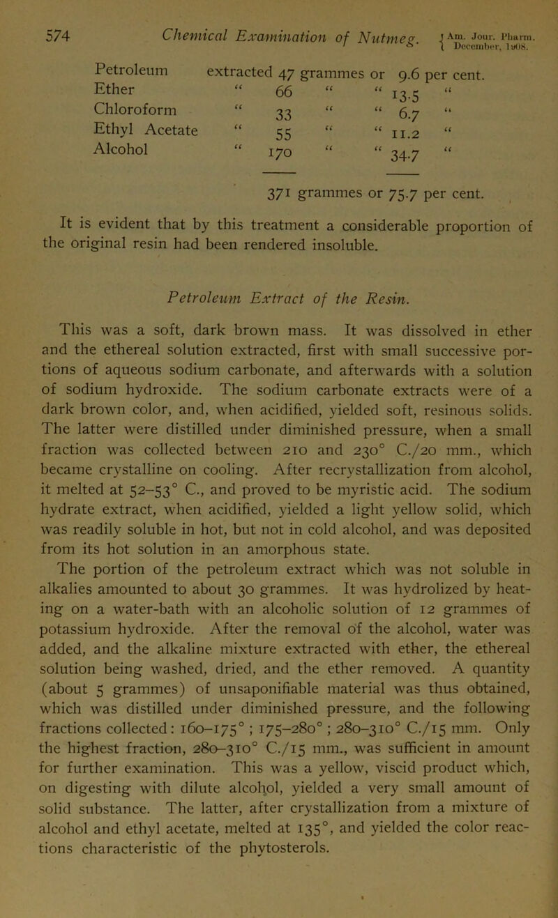 ( December, 1 #08. Petroleum Ether Chloroform Ethyl Acetate Alcohol extracted 47 grammes or 9.6 per cent. 66 (( “ i3-5 U 33 (( “ 6.7 ( 4 55 C( “ 11.2 cs 170 a (( _ , 34-7 ii 371 grammes or 75.7 per cent. It is evident that by this treatment a considerable proportion of the original resin had been rendered insoluble. Petroleum Extract of the Resin. This was a soft, dark brown mass. It was dissolved in ether and the ethereal solution extracted, first with small successive por- tions of aqueous sodium carbonate, and afterwards with a solution of sodium hydroxide. The sodium carbonate extracts were of a dark brown color, and, when acidified, yielded soft, resinous solids. The latter were distilled under diminished pressure, when a small fraction was collected between 210 and 230° C./20 mm., which became crystalline on cooling. After recrystallization from alcohol, it melted at 52-53° C., and proved to be myristic acid. The sodium hydrate extract, when acidified, yielded a light yellow solid, which wras readily soluble in hot, but not in cold alcohol, and was deposited from its hot solution in an amorphous state. The portion of the petroleum extract which was not soluble in alkalies amounted to about 30 grammes. It was hydrolized by heat- ing on a water-bath with an alcoholic solution of 12 grammes of potassium hydroxide. After the removal of the alcohol, water was added, and the alkaline mixture extracted with ether, the ethereal solution being washed, dried, and the ether removed. A quantity (about 5 grammes) of unsaponifiable material was thus obtained, which was distilled under diminished pressure, and the following fractions collected : 160-175° ; 175-280° ; 280-310° C./15 mm. Only the highest fraction, 280-310° C./15 mm., wras sufficient in amount for further examination. This was a yellow, viscid product which, on digesting with dilute alcohol, yielded a very small amount of solid substance. The latter, after crystallization from a mixture of alcohol and ethyl acetate, melted at 1350, and yielded the color reac- tions characteristic of the phytosterols.