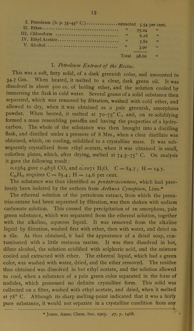 I. Petroleum (b. p. 35-450 C.) II. Ether III. Chloroform IV. Ethyl Acetate V. Alcohol extracted 5.54 per cent. 75.24 6.16 “ 7.82 “ “ 3-9° “ Total 98.66 “ I. Petroleum Extract of the Resins. This was a soft, fatty solid, of a dark' greenish color, and amounted to 34.7 Gm. When heated, it melted to a clear, dark green oil. It was dissolved in about 500 cc. of boiling ether, and the solution cooled by immersing the flask in cold water. Several grams of a solid substance then separated, which was removed by filtration, washed with cold ether, and allowed to dry, when it was obtained as a pale greenish, amorphous powder. When heated, it melted at 70-75° C., and, on re-solidifying formed a mass resembling paraffin and having the properties of a hydro- carbon. The whole of the substance was then brought into a distilling flask, and distilled under a pressure of 8 Mm., when a clear distillate was obtained, which, on cooling, solidified to a crystalline mass. It was sub- sequently crystallized from ethyl acetate, when it was obtained in small, colorless plates, which, after drying, melted at 74.5—750 C. On analysis it gave the following result: 0.1564 gave 0.4858 CO* and 0*2071 H,0. 0 = 84.7; H= 14.7. C;,3H7, requires C = 85.4 ; H = 14.6 per cent. The substance was thus identified as pentatriacontane, which had prev- iously been isolated by the authors from Aethusa Cynapium, Linn.* The ethereal solution of the petroleum extract, from which the penta- triacontane had been separated by filtration, was then shaken with sodium carbonate solution. This caused the precipitation of an amorphous, pale green substance, which was separated from the ethereal solution, together with the alkaline, aqueous liquid. It was removed from the alkaline liquid by filtration, washed first with ether, then with water, and dried on a tile. As thus obtained, it had the appearance of a dried soap, con- taminated with a little resinous matter. It was then dissolved in hot, dilute alcohol, the solution acidified with sulphuric acid, and the mixture cooled and extracted with ether. The ethereal liquid, which had a green color, was washed with water, dried, and the ether removed. The residue thus obtained was dissolved in hot ethyl acetate, and the solution allowed to cool, when a substance of a pale green color separated in the form of nodules, which possessed no definite crystalline form. This solid was collected on a filter, washed with ethyl acetate, and dried, when it melted at 78° C. Although its sharp melting-point indicated that it was a fairly pure substance, it would not separate in a crystalline condition from any -