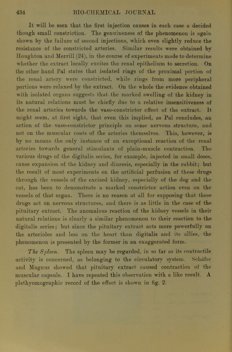 It will be seen that the first injection causes in each case a decided though small constriction. The genuineness of the phenomenon is again shown by the failure of second injections, which even slightly reduce the resistance of the constricted arteries. Similar results were obtained by Houghton and Merrill (24), in the course of experiments made to determine whether the extract locally excites the renal epithelium to secretion. On the other hand Pal states that isolated rings of the proximal portion of the renal artery were constricted, while rings from more peripheral portions were relaxed by the extract. On the whole the evidence obtained with isolated organs suggests that the marked swelling of the kidney in its natural relations must be chiefly due to a relative insensitiveness of the renal arteries towards the vaso-eonstrictor effect of the extract. It might seem, at first sight, that even this implied, as Pal concludes, an action of the vaso-constrictor principle on some nervous structure, and not on the muscular coats of the arteries themselves. This, however, is by no means the only instance of an exceptional reaction of the renal arteries towards general stimulants of plain-muscle contraction. The various drugs of the digitalis series, for example, injected in small doses, cause expansion of the kidney and diuresis, especially in the rabbit; but the result of most experiments on the artificial perfusion of these drugs through the vessels of the excised kidney, especially of the dog and the cat, has been to demonstrate a marked constrictor action even on the vessels of that organ. There is no reason at all for supposing that these drugs act on nervous structures, and there is as little in the case of the pituitary extract. The anomalous reaction of the kidney vessels in their natural relations is clearly a similar phenomenon to their reaction to the digitalis series; but since the pituitary extract acts more powerfully on the arterioles and less on the heart than digitalis and its allies, the phenomenon is presented by the former in an exaggerated form. The S'pleen. The spleen may be regarded, in so far as its contractile activity is concerned, as belonging to the circulatory system. Schafer and Magnus showed that pituitary extract caused contraction of the muscular capsule. I have repeated this observation with a like result. A plethyomograpkic record of the effect is shown in fig. 2.