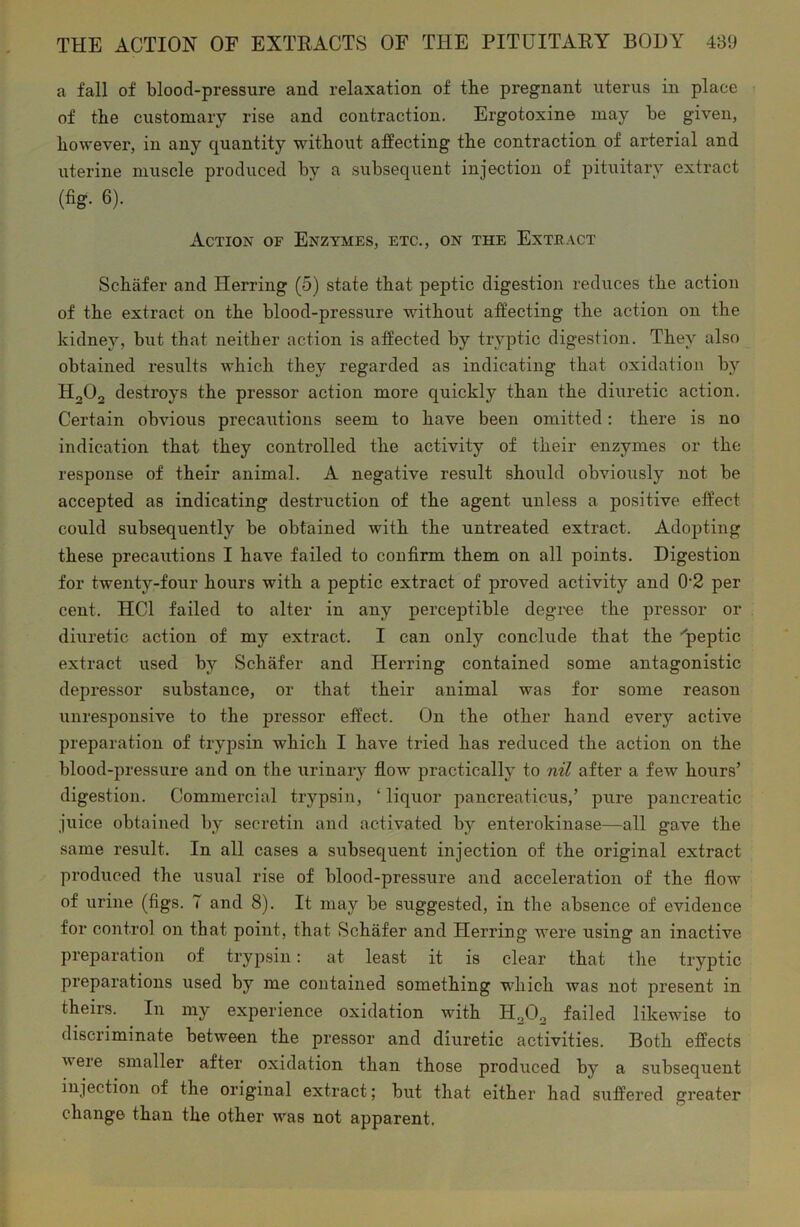 a fall of blood-pressure and relaxation of tbe pregnant uterus in place of the customary rise and contraction. Ergotoxine may be given, however, in any quantity without affecting the contraction of arterial and uterine muscle produced by a subsequent injection of pituitary extract (fig. 6). Action of Enzymes, etc., on the Extract Schafer and Herring (5) state that peptic digestion reduces the action of the extract on the blood-pressure without affecting the action on the kidney, but that neither action is affected by tryptic digestion. They also obtained results which they regarded as indicating that oxidation by H202 destroys the pressor action more quickly than the diuretic action. Certain obvious precautions seem to have been omitted: there is no indication that they controlled the activity of their enzymes or the response of their animal. A negative result should obviously not be accepted as indicating destruction of the agent unless a positive effect could subsequently be obtained with the untreated extract. Adopting these precautions I have failed to confirm them on all points. Digestion for twenty-four hours with a peptic extract of proved activity and 02 per cent. HC1 failed to alter in any perceptible degree the pressor or diuretic action of my extract. I can only conclude that the 'peptic extract used by Schafer and Herring contained some antagonistic depressor substance, or that their animal was for some reason unresponsive to the pressor effect. On the other hand every active preparation of trypsin which I have tried has reduced the action on the blood-pressure and on the urinary flow practically to nil after a few hours’ digestion. Commercial trypsin, ‘ liquor pancreaticus,’ pure pancreatic juice obtained by secretin and activated by enterokinase—all gave the same result. In all cases a subsequent injection of the original extract produced the usual rise of blood-pressure and acceleration of the flow of urine (figs. 7 and 8). It may be suggested, in the absence of evidence for control on that point, that Schafer and Herring were using an inactive preparation of trypsin: at least it is clear that the tryptic preparations used by me contained something which was not present in theirs. In my experience oxidation with H202 failed likewise to discriminate between the pressor and diuretic activities. Both effects v ere smaller after oxidation than those produced by a subsequent injection of the original extract; but that either had suffered greater change than the other was not apparent.
