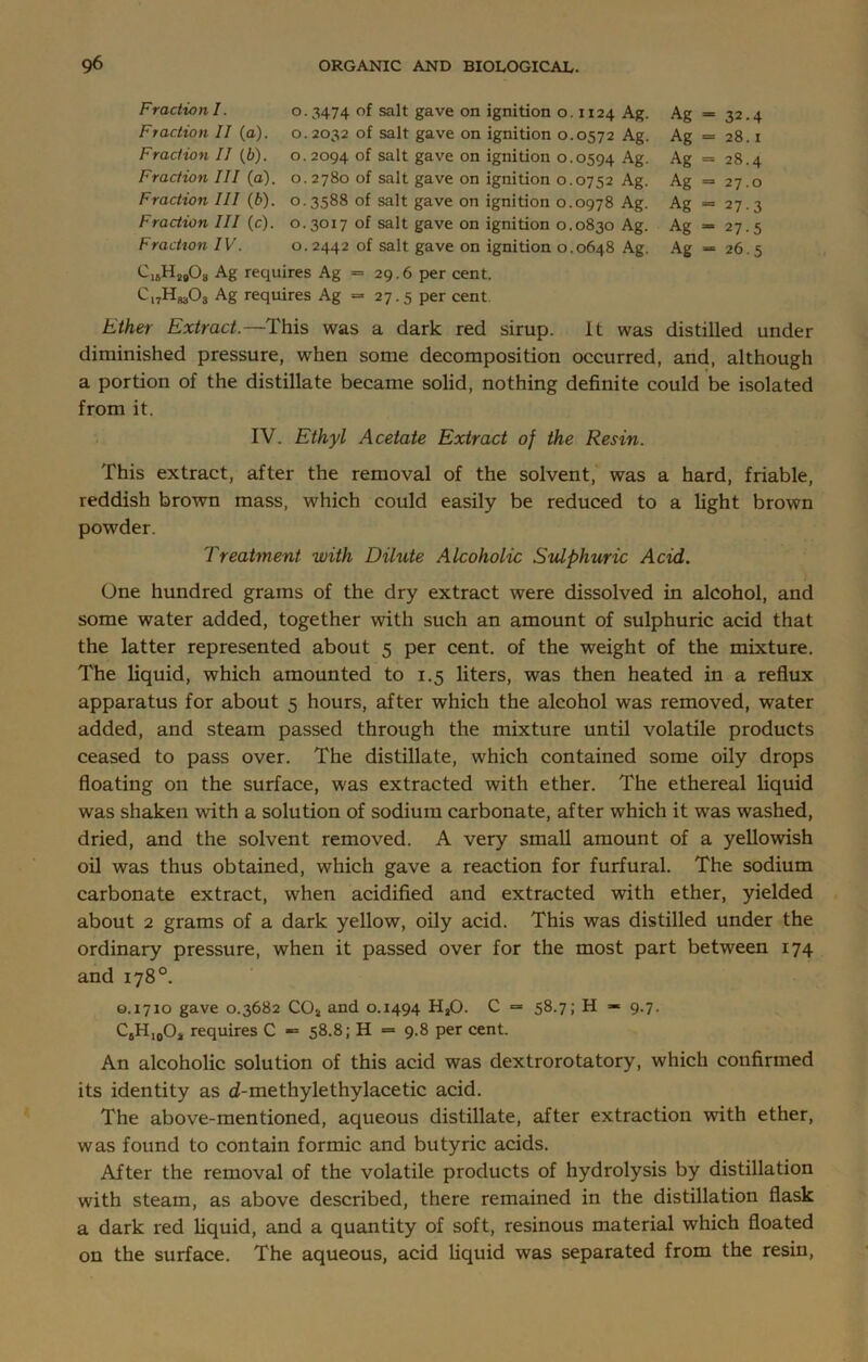 Fraction I. 0.3474 of salt gave on ignition o. 1124 Ag. Ag = 32.4 Fraction II (a). 0.2032 of salt gave on ignition 0.0572 Ag. Ag = 28.1 Fraction II (b). o. 2094 of salt gave on ignition 0.0594 Ag. Ag = 28.4 Fraction III (a). 0.2780 of salt gave on ignition 0.0752 Ag. Ag = 27.0 Fraction III (b). 0.3588 of salt gave on ignition 0.0978 Ag. Ag = 27.3 Fraction III (c). 0.3017 of salt gave on ignition 0.0830 Ag. Ag = 27.5 Fraction IV. 0.2442 of salt gave on ignition 0.0648 Ag. Ag = 26.5 C16H2b08 Ag requires Ag = 29.6 per cent. C^H^Oa Ag requires Ag = 27.5 per cent. Ether Extract.—This was a dark red sirup. it was distilled under diminished pressure, when some decomposition occurred, and, although a portion of the distillate became solid, nothing definite could be isolated from it. IV. Ethyl Acetate Extract of the Resin. This extract, after the removal of the solvent, was a hard, friable, reddish brown mass, which could easily be reduced to a light brown powder. Treatment with Dilute Alcoholic Sulphuric Acid. One hundred grams of the dry extract were dissolved in alcohol, and some water added, together with such an amount of sulphuric acid that the latter represented about 5 per cent, of the weight of the mixture. The liquid, which amounted to 1.5 liters, was then heated in a reflux apparatus for about 5 hours, after which the alcohol was removed, water added, and steam passed through the mixture until volatile products ceased to pass over. The distillate, which contained some oily drops floating on the surface, was extracted with ether. The ethereal liquid was shaken with a solution of sodium carbonate, after which it was washed, dried, and the solvent removed. A very small amount of a yellowish oil was thus obtained, which gave a reaction for furfural. The sodium carbonate extract, when acidified and extracted with ether, yielded about 2 grams of a dark yellow, oily acid. This was distilled under the ordinary pressure, when it passed over for the most part between 174 and 178°. 0.1710 gave 0.3682 COj, and 0.1494 H20. C = 58.7; H — 9.7. C6H10O* requires C «= 58.8; H = 9.8 per cent. An alcoholic solution of this acid was dextrorotatory, which confirmed its identity as d-methylethylacetic acid. The above-mentioned, aqueous distillate, after extraction with ether, was found to contain formic and butyric acids. After the removal of the volatile products of hydrolysis by distillation with steam, as above described, there remained in the distillation flask a dark red liquid, and a quantity of soft, resinous material which floated on the surface. The aqueous, acid liquid was separated from the resin,