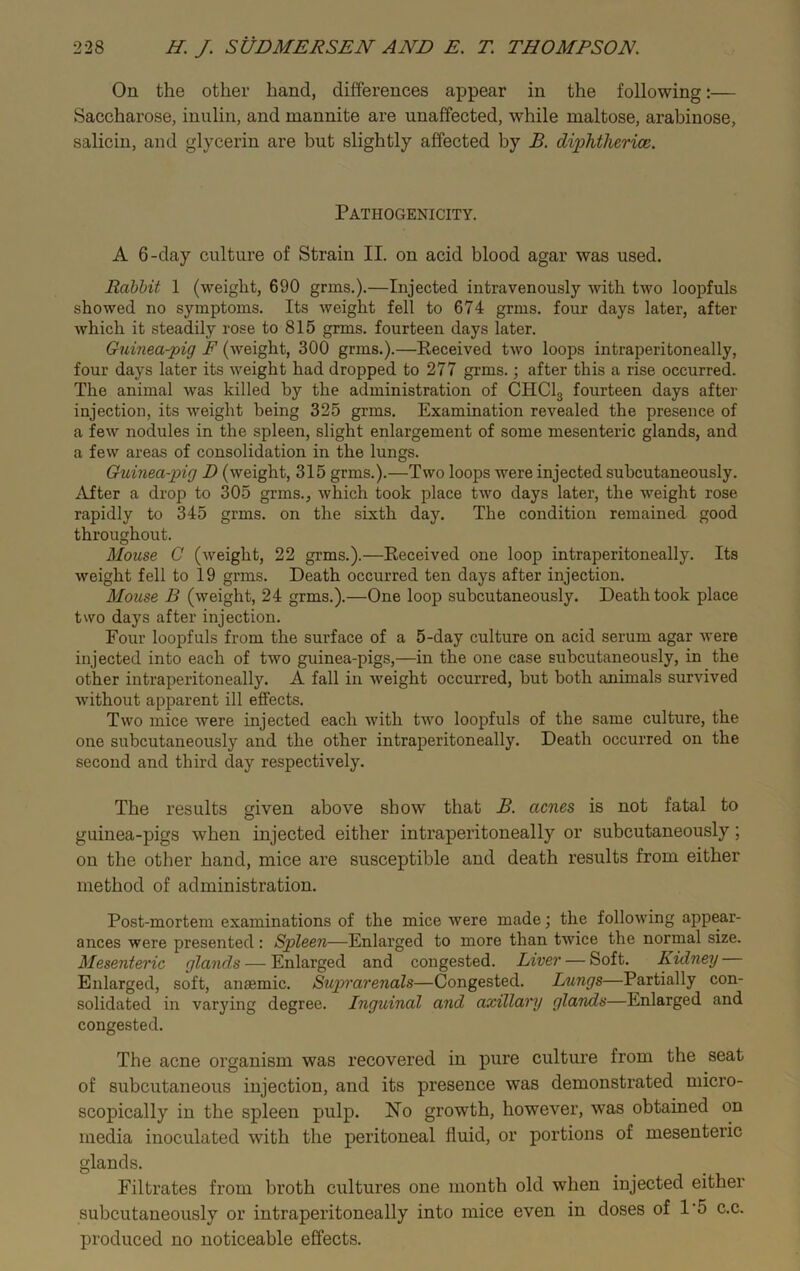 On the other hand, differences appear in the following:— Saccharose, inulin, and mannite are unaffected, while maltose, arabinose, salicin, and glycerin are but slightly affected by B. diphtherice. Pathogenicity. A 6-day culture of Strain II. on acid blood agar was used. Rabbit 1 (weight, 690 grins.).—Injected intravenously with two loopfuls showed no symptoms. Its weight fell to 674 grms. four days later, after which it steadily rose to 815 grms. fourteen days later. Guinea-pig F (weight, 300 grms.).—Received two loops intraperitoneally, four days later its weight had dropped to 277 grms.; after this a rise occurred. The animal was killed by the administration of CHC13 fourteen days after injection, its weight being 325 grms. Examination revealed the presence of a few nodules in the spleen, slight enlargement of some mesenteric glands, and a few areas of consolidation in the lungs. Guinea-pig D (weight, 315 grms.).—Two loops were injected subcutaneously. After a drop to 305 grms., which took place two days later, the weight rose rapidly to 345 grms. on the sixth day. The condition remained good throughout. Mouse C (weight, 22 grms.).—Received one loop intraperitoneally. Its weight fell to 19 grms. Death occurred ten days after injection. Mouse B (weight, 24 grms.).—One loop subcutaneously. Death took place two days after injection. Four loopfuls from the surface of a 5-day culture on acid serum agar were injected into each of two guinea-pigs,—in the one case subcutaneously, in the other intraperitoneally. A fall in weight occurred, hut both animals survived without apparent ill effects. Two mice were injected each with two loopfuls of the same culture, the one subcutaneously and the other intraperitoneally. Death occurred on the second and third day respectively. The results given above show that B. cicnes is not fatal to guinea-pigs when injected either intraperitoneally or subcutaneously; on the other hand, mice are susceptible and death results from either method of administration. Post-mortem examinations of the mice were made; the following appear- ances were presented: Spleen—Enlarged to more than twice the normal size. Mesenteric glands — Enlarged and congested. Liver — Soft. Kidney Enlarged, soft, anaemic. Suprarenals—Congested. Lungs—Partially con- solidated in varying degree. Inguinal and axillary glands—Enlarged and congested. The acne organism was recovered in pure culture from the seat of subcutaneous injection, and its presence was demonstrated micro- scopically in the spleen pulp. Ho growth, however, was obtained on media inoculated with the peritoneal fluid, or portions of mesenteric glands. Filtrates from broth cultures one month old when injected either subcutaneously or intraperitoneally into mice even in doses of 1'5 c.c. produced no noticeable effects.