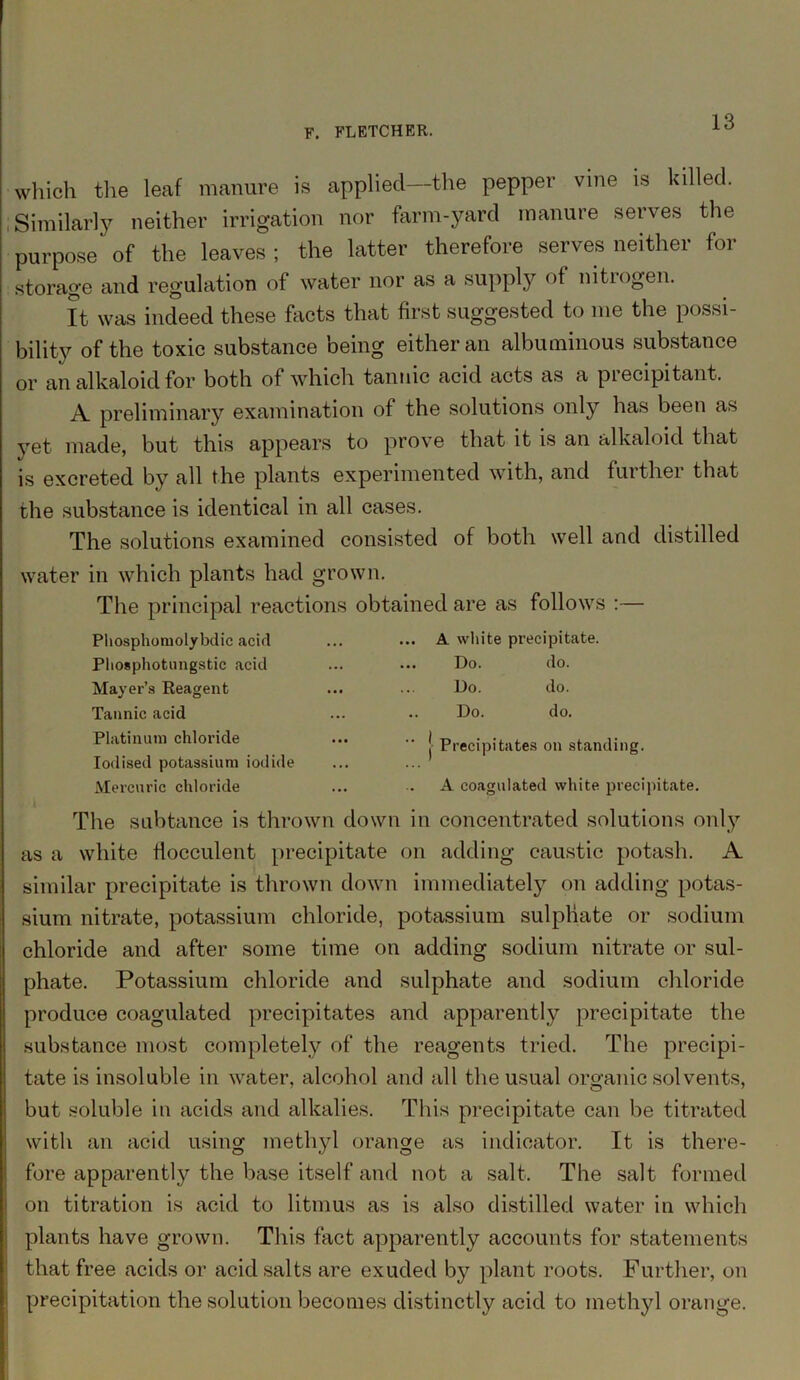 which the leaf manure is applied—the pepper vine is killed. ; Similarly neither irrigation nor farm-yard manure serves the purpose of the leaves ; the latter therefore serves neither for storage and regulation of water nor as a supply of nitrogen. It was indeed these facts that first suggested to me the possi- bility of the toxic substance being either an albuminous substance or an alkaloid for both of which tannic acid acts as a piecipitant. A. preliminary examination of the solutions only has been as yet made, but this appears to prove that it is an alkaloid that is excreted by all the plants experimented with, and further that the substance is identical in all cases. The solutions examined consisted of both well and distilled water in which plants had grown. The principal reactions obtained are as follows :— The subtance is thrown down in concentrated solutions only as a white Hocculent precipitate on adding caustic potash. A similar precipitate is thrown down immediately on adding potas- sium nitrate, potassium chloride, potassium sulphate or sodium chloride and after some time on adding sodium nitrate or sul- phate. Potassium chloride and sulphate and sodium chloride produce coagulated precipitates and apparently precipitate the substance most completely of the reagents tried. The precipi- tate is insoluble in water, alcohol and all the usual organic solvents, but soluble in acids and alkalies. This precipitate can be titrated with an acid using methyl orange as indicator. It is there- fore apparently the base itself and not a salt. The salt formed on titration is acid to litmus as is also distilled water in which plants have grown. This fact apparently accounts for statements that free acids or acid salts are exuded by plant roots. Further, on Phosphomolybdic acid Pliosphotungstic acid Mayer’s Reagent Tannic acid Platinum chloride Iodised potassium iodide Mercuric chloride .. A white precipitate. Do. do. Do. do. Do. do. A coagulated white precipitate.