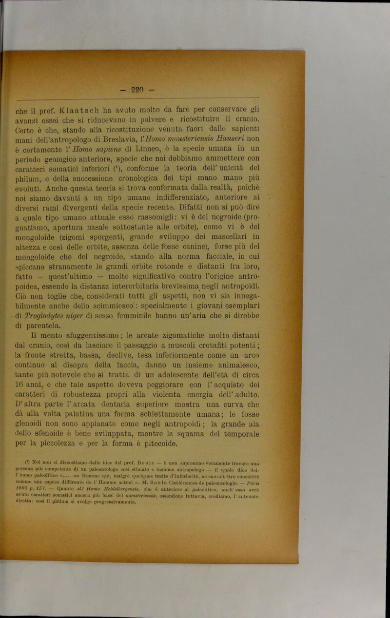 avanzi ossei che si riducevano in polvere e ricostituire il cranio. Certo è che, stando alla ricostituzione venuta fuori dalle sapienti mani dell’antropologo di Breslavia, YHomo mousteriensis Hauseri non è certamente 1’ Homo sapiens di Linneo, è la specie umana in un periodo geologico anteriore, specie che noi dobbiamo ammettere con caratteri somatici inferiori (*), conforme la teoria dell’ unicità del philum, e della successione cronologica dei tipi mano mano più evoluti. Anche questa teoria si trova confermata dalla realtà, poiché noi siamo davanti a un tipo umano indifferenziato, anteriore ai diversi rami divergenti della specie recente. Difatti non si può dire a quale tipo umano attuale esso rassomigli : vi è del negroide (pro- gnatismo, apertura nasale sottostante alle orbite), come vi è del mongoloide (zigomi sporgenti, grande sviluppo dei mascellari in altezza e così delle orbite, assenza delle fosse canine), forse più del mongoloide che del negroide, stando alla norma facciale, in cui spiccano stranamente le grandi orbite rotonde e distanti fra loro, fatto — quest’ultimo — molto significativo contro l’origine antro- poidea, essendo la distanza interorbitaria brevissima negli antropoidi. Ciò non toglie che, considerati tutti gli aspetti, non vi sia innega- bilmente anche dello scimmiesco': specialmente i giovani esemplari di Troglodytes niger di sesso femminile hanno un’aria che si direbbe di parentela. Il mento sfuggentissimo ; le arcate zigomatiche molto distanti dal cranio, così da lasciare il passaggio a muscoli crotafìti potenti ; la fronte stretta, bassa, declive, tesa inferiormente come un arco continuo al disopra della faccia, danno un insieme animalesco, tanto più notevole che si tratta di un adolescente dell’età di circa 16 anni, e che tale aspetto doveva peggiorare con 1’ acquisto dei caratteri di robustezza propri alla violenta energia dell’ adulto. D’altra parte l’arcata dentaria superiore mostra una curva che dà alla volta palatina una forma schiettamente umana; le fosse glenoidi non sono appianate come negli antropoidi ; la grande ala dello sfenoide è bene sviluppata, mentre la squama del temporale per la piccolezza e per la forma è pitecoide. <’) Noi non ci discostiamo dalle idoe del prof. Boulo — e non sapremmo veramente trovare una persona piii competente di un paleontologo così stimato o insieme antropologo — il qnalo dice dol- T uomo paleolitico « un Mommo qui, malgró quelques traits d’infériorité, ne aulirai t ótre considerò comme une espèce differente de 1’ Hommo actuol ». M. Boulo Confórences de paleontologie. — Fari* 1005 p. 15 7. — Quanto all’ Homo Heidelberyeiutix, elio è anteriore al paleolitico, aneli’ esso avrà avuto caratteri somatici ancora piii bassi del mousteriensis, essendone tuttavia, crediamo, 1’ antenato dirotto : così il philum si svolge progressivamonto.