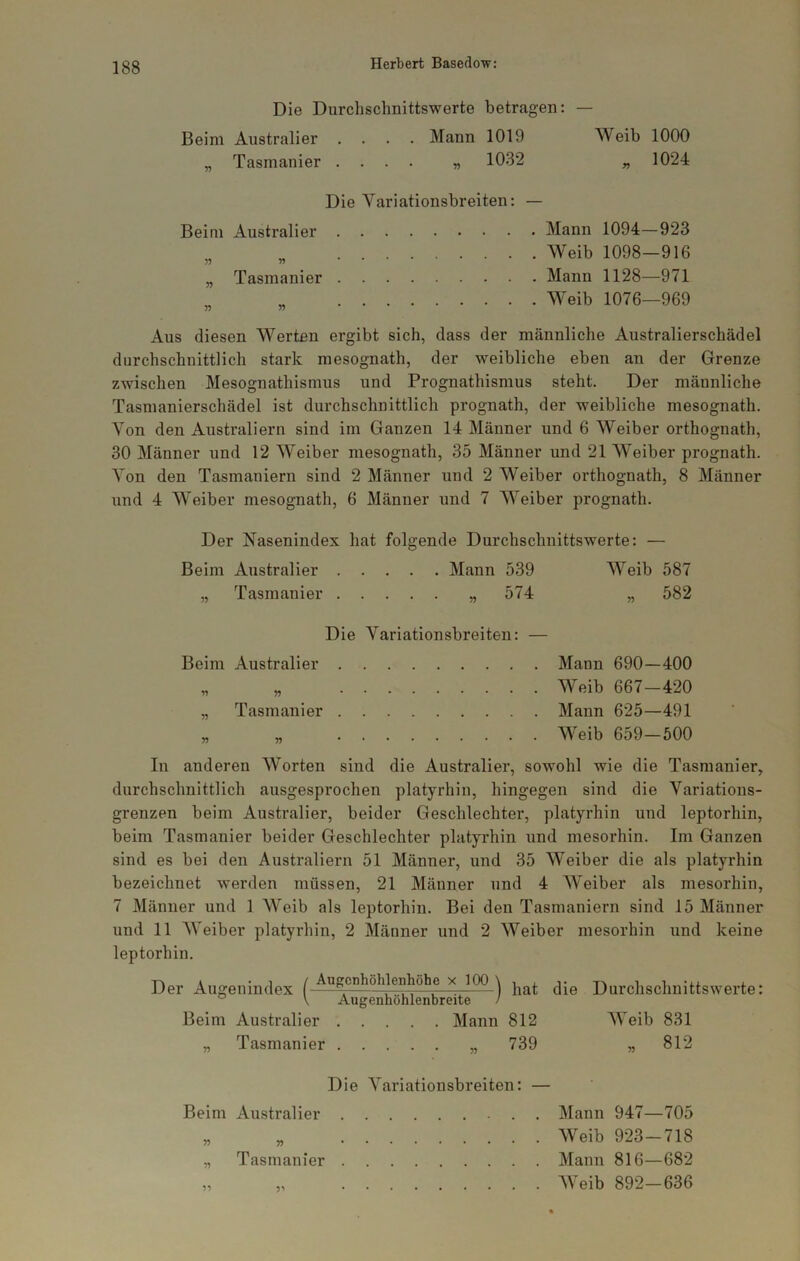 Die Durchschnittswerte betragen: — Beim Australier .... Mann 1019 Weib 1000 „ Tasmanier .... „ 1032 „ 1024 Die Variationsbreiten: — Beim Australier Mann 1094—923 „ Weib 1098—916 „ Tasmanier Mann 1128—971 Weib 1076—969 Aus diesen Werten ergibt sich, dass der männliche Australierschädel durchschnittlich stark mesognath, der weibliche eben an der Grenze zwischen Mesognathismus und Prognathismus steht. Der männliche Tasmanierschädel ist durchschnittlich prognath, der weibliche mesognath. Von den Australiern sind im Ganzen 14 Männer und 6 Weiber orthognath, 30 Männer und 12 Weiber mesognath, 35 Männer und 21 AVeiber prognath. Aon den Tasmaniern sind 2 Männer und 2 AVeiber orthognath, 8 Männer und 4 AVeiber mesognath, 6 Männer und 7 AA'eiber prognath. Der Nasenindex hat folgende Durchschnittswerte: — Beim Australier Alann 539 AVeib 587 „ Tasmanier „ 574 „ 582 Die Variationsbreiten: — Beim Australier Mann 690—400 „ „ AVeib 667-420 „ Tasmanier Mann 625—491 „ „ AVeib 659—500 In anderen AVorten sind die Australier, sowohl wie die Tasmanier, durchschnittlich ausgesprochen platyrhin, hingegen sind die Variations- grenzen beim Australier, beider Geschlechter, platyrhin und leptorhin, beim Tasmanier beider Geschlechter platyrhin und mesorhin. Im Ganzen sind es bei den Australiern 51 Männer, und 35 AVeiber die als platyrhin bezeichnet werden müssen, 21 Männer und 4 AA^eiber als mesorhin, 7 Alänner und 1 AVeib als leptorhin. Bei den Tasmaniern sind 15 Männer und 11 AVeiber platyrhin, 2 Männer und 2 AVeiber mesorhin und keine leptorhin. Der Augenindex x 10Q^\ Durchschnittswerte: Beim Australier Mann 812 AVeib 831 „ Tasmanier 739 „ 812 Die AAariationsbreiten: — Beim Australier » » „ Tasmanier Alann 947—705 AVeib 923-718 Alaun 816—682 AVeib 892-636 5’