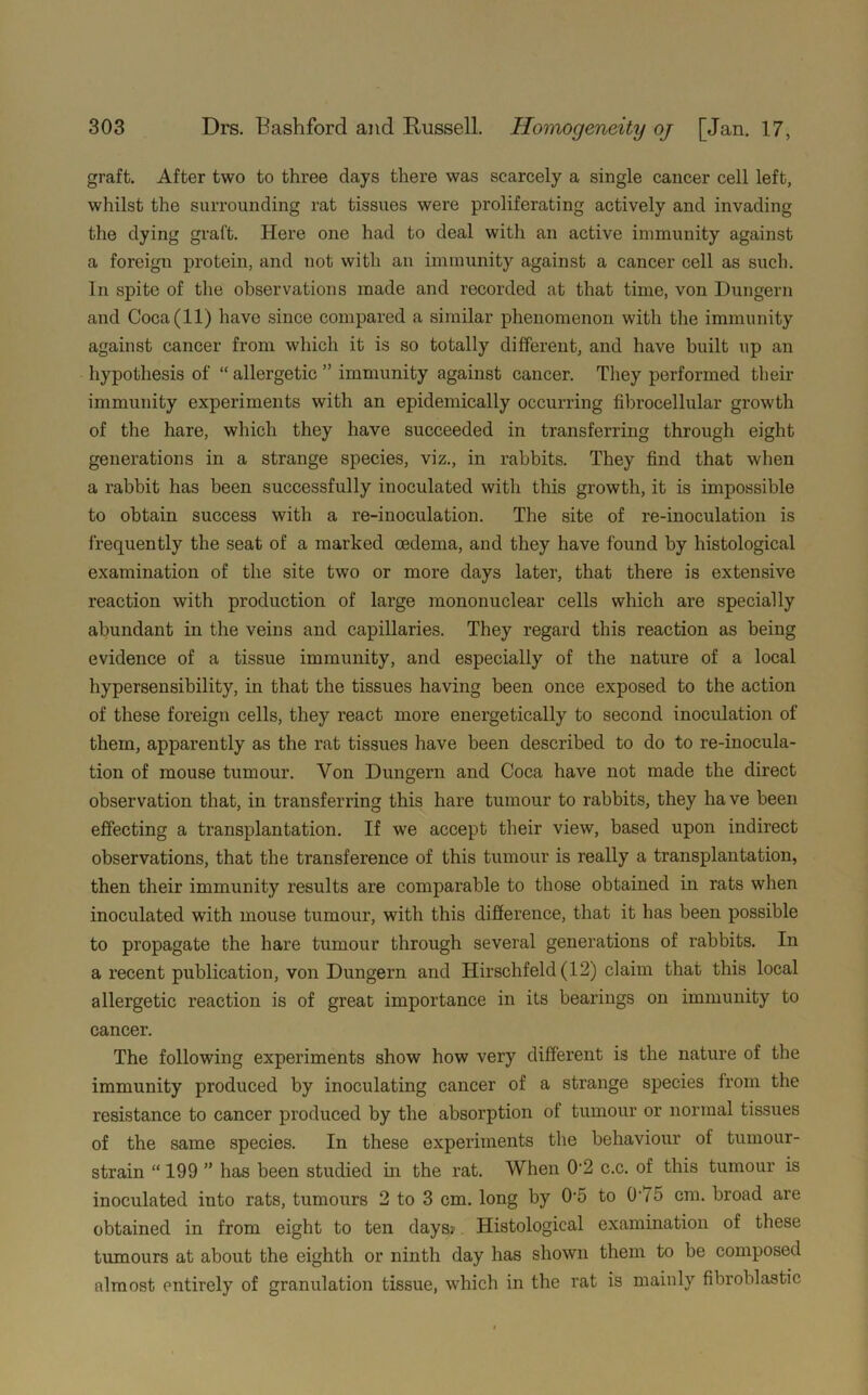 graft. After two to three days there was scarcely a single cancer cell left, whilst the surrounding rat tissues were proliferating actively and invading the dying graft. Here one had to deal with an active immunity against a foreign protein, and not with an immunity against a cancer cell as such. In spite of the observations made and recorded at that time, von Dungern and Coca (11) have since compared a similar phenomenon with the immunity against cancer from which it is so totally different, and have built up an hypothesis of “ allergetic ” immunity against cancer. They performed their immunity experiments with an epidemically occurring fibrocellular growth of the hare, which they have succeeded in transferring through eight generations in a strange species, viz., in rabbits. They find that when a rabbit has been successfully inoculated with this growth, it is impossible to obtain success with a re-inoculation. The site of re-inoculation is frequently the seat of a marked oedema, and they have found by histological examination of the site two or more days later, that there is extensive reaction with production of large mononuclear cells which are specially abundant in the veins and capillaries. They regard this reaction as being evidence of a tissue immunity, and especially of the nature of a local hypersensibility, in that the tissues having been once exposed to the action of these foreign cells, they react more energetically to second inoculation of them, apparently as the rat tissues have been described to do to re-inocula- tion of mouse tumour. Yon Dungern and Coca have not made the direct observation that, in transferring this hare tumour to rabbits, they have been effecting a transplantation. If we accept their view, based upon indirect observations, that the transference of this tumour is really a transplantation, then their immunity results are comparable to those obtained in rats when inoculated with mouse tumour, with this difference, that it has been possible to propagate the hare tumour through several generations of rabbits. In a recent publication, von Dungern and Hirschfeld (12) claim that this local allergetic reaction is of great importance in its bearings on immunity to cancer. The following experiments show how very different is the nature of the immunity produced by inoculating cancer of a strange species from the resistance to cancer produced by the absorption of tumour or normal tissues of the same species. In these experiments the behaviour of tumour- strain “ 199 ” has been studied in the rat. When 0-2 c.c. of this tumour is inoculated into rats, tumours 2 to 3 cm. long by 0‘5 to 0'75 cm. broad are obtained in from eight to ten days? Histological examination of these tumours at about the eighth or ninth day has shown them to be composed almost entirely of granulation tissue, which in the rat is mainly fibroblastic