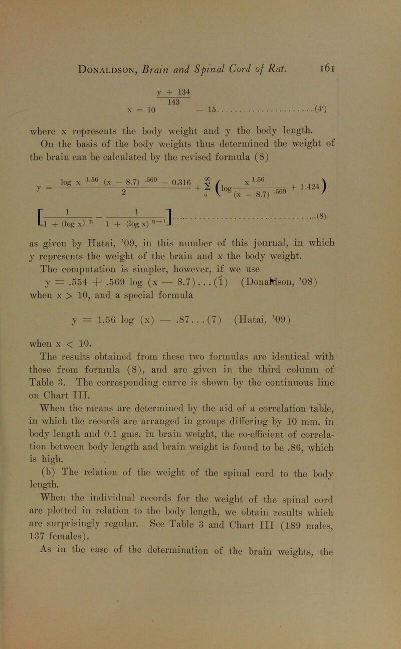 y + 134 143 x = 10 — 15 (4') where x represents the body weight and y the body length. On the basis of the body weights thus determined the weight of the brain can be calculated by the revised formula (8) y = lofr X r 1.56 (x - 8.7) .569 - 0.316 2 + cc N (loBoT3 . 1.56 (x - 8.7) .569 + 1 .424) r *-l + (log x) n 1 1 + (log x) (8) as given by Ilatai, ’09, in this number of this journal, in which y represents the weight of the brain and x the body weight. The computation is simpler, however, if we use y = .554 +' .509 log (x — 8.7). . . (1) (DonaWson, ’08) when x > 10, and a special formula y = 1.50 log (x) — .87... (7) (Hatai, ’09) when x < 10. The results obtained from these two formulas are identical with those from formula (8), and are given in the third column of Table 3. The corresjionding curve is shown by the continuous line on Chart III. When the means are determined by the aid of a correlation table, in which the records are arranged in groups differing by 10 mm. in body length and 0.1 gms. in brain weight, the co-efficient of correla- tion between body length and brain weight is found to be .86, which is high. (b) The relation of the weight of the spinal cord to the body length. When the individual records for the weight of the spinal cord are plotted in relation to the body length, we obtain results which are surprisingly regular. See Table 3 and Chart III (189 males, 137 females). As in the case ot the determination of the brain weights, the