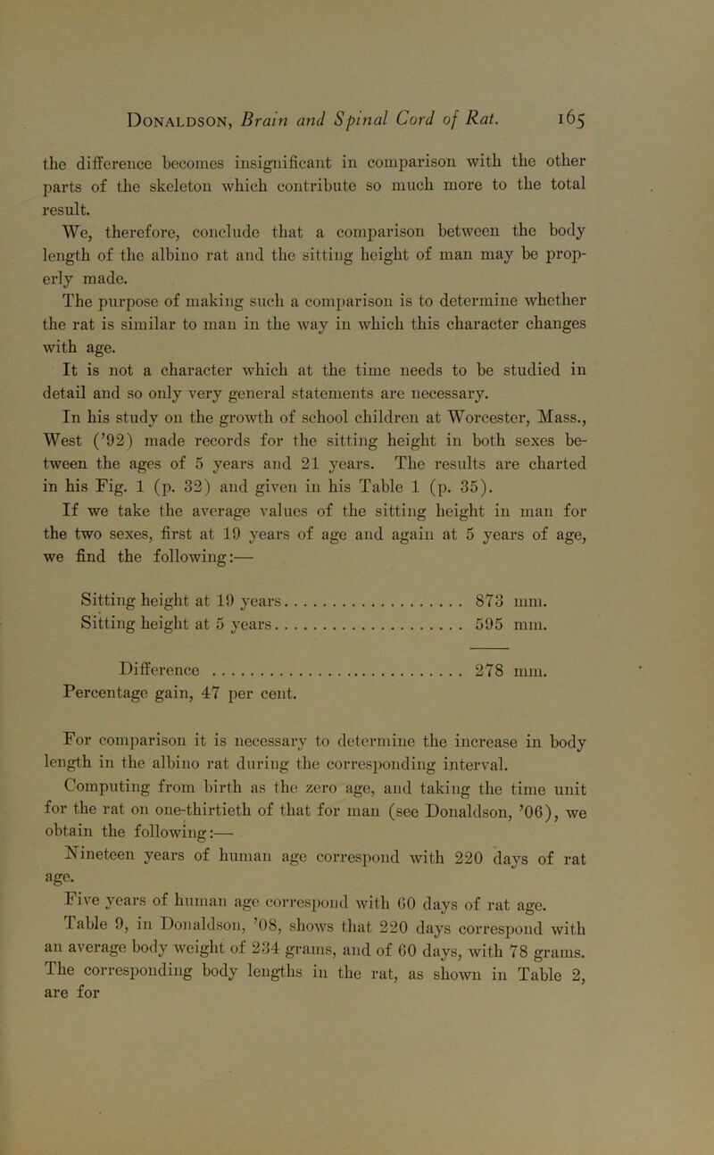 tlie difference becomes insignificant in comparison with the other parts of the skeleton which contribute so much more to the total result. We, therefore, conclude that a comparison between the body length of the albino rat and the sitting height of man may be prop- erly made. The purpose of making such a comparison is to determine whether the rat is similar to man in the way in which this character changes with age. It is not a character which at the time needs to be studied in detail and so only very general statements are necessary. In his study on the growth of school children at Worcester, Mass., West (’92) made records for the sitting height in both sexes be- tween the ages of 5 years and 21 years. The results are charted in his Fig. 1 (p. 32) and given in his Table 1 (p. 35). If we take the average values of the sitting height in man for the two sexes, first at 19 years of age and again at 5 years of age, we find the following:— Sitting height at 19 years 873 mm. Sitting height at 5 years 595 mm. Difference 278 mm. Percentage gain, 47 per cent. For comparison it is necessary to determine the increase in body length in the albino rat during the corresponding interval. Computing from birth as the zero age, and taking the time unit for the rat on one-thirtieth of that for man (see Donaldson, ’06), we obtain the following:— Nineteen years of human age correspond with 220 days of rat age. hive years of human age correspond with 60 days of rat age. fable 9, in Donaldson, '08, shows that 220 days correspond with an average body weight of 234 grams, and of 60 days, with 78 grams. The corresponding body lengths in the rat, as shown in Table 2, are for