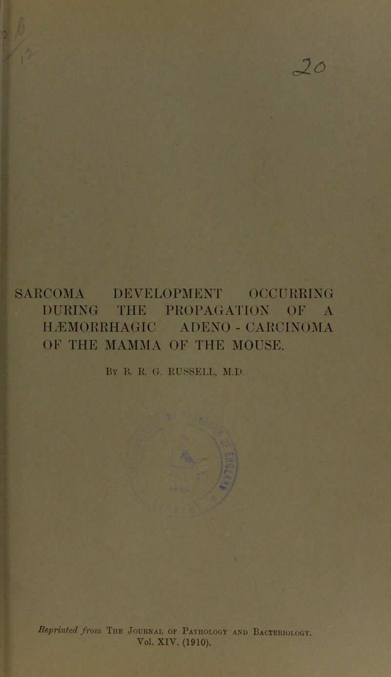 COMA DEVELOPMENT OCCURRING POURING THE PROPAGATION OF A HAEMORRHAGIC ADENO - CARCINOaMA OF THE MAMMA OF THE MOUSE. By B. E. G. BUSSELL, M.U. Reprinted from The Journal of Pathology and Bacteriology, Vol. XIV. (1910).