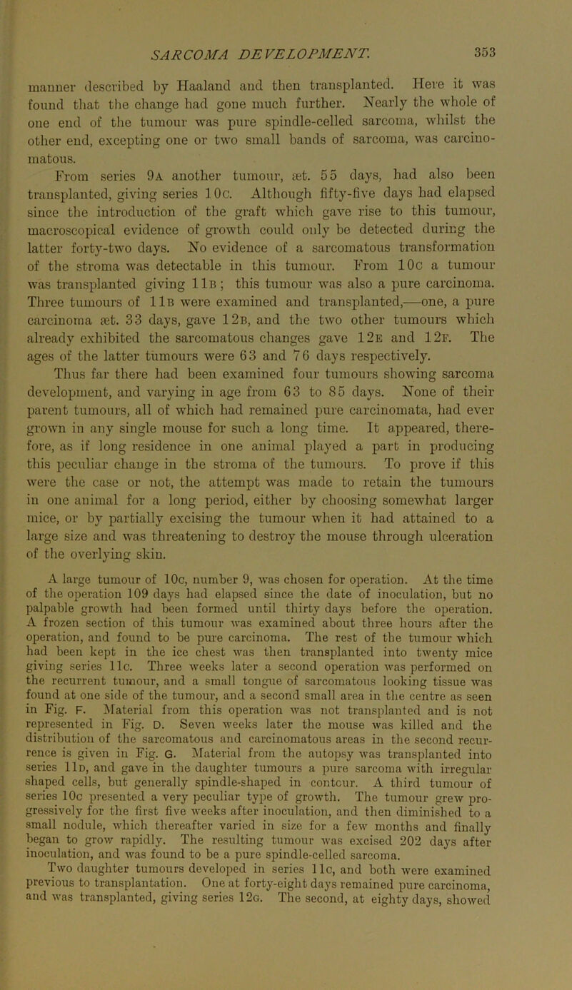 manner described by Haaland and then transplanted. Here it was found that the change had gone much further. Nearly the whole of one end of the tumour was pure spindle-celled sarcoma, whilst the other end, excepting one or two small bands of sarcoma, was carcino- matous. From series 9a another tumour, set. 55 days, had also been transplanted, giving series 10c. Although fifty-five days had elapsed since the introduction of the graft which gave rise to this tumour, macroscopical evidence of growth could only be detected during the latter forty-two days. No evidence of a sarcomatous transformation of the stroma was detectable in this tumour. From 10c a tumour was transplanted giving 11b; this tumour was also a pure carcinoma. Three tumours of 11b were examined and transplanted,—one, a pure carcinoma fet. 33 days, gave 12b, and the two other tumours which already exhibited the sarcomatous changes gave 12e and 12f. The ages of the latter tumours were 63 and 76 days respectively. Thus far there had been examined four tumours showing sarcoma development, and varying in age from 63 to 85 days. None of their parent tumours, all of which had remained pure carcinomata, had ever grown in any single mouse for such a long time. It appeared, there- fore, as if long residence in one animal played a part in producing this peculiar change in the stroma of the tumours. To prove if this were the case or not, the attempt was made to retain the tumours in one animal for a long period, either by choosing somewhat larger mice, or by partially excising the tumour when it had attained to a large size and was threatening to destroy the mouse through ulceration of the overlying skin. A large tumour of lOc, number 9, was chosen for operation. At the time of the operation 109 clays had elapsed since the date of inoculation, but no palpable growth had been formed until thirty days before the operation. A frozen section of this tumour was examined about three hours after the operation, and found to be pm-e carcinoma. The rest of the tumour which had been kept in the ice chest was then transplanted into twenty mice giving series 11c. Three weeks later a second operation was performed on the recurrent tumour, and a small tongue of sarcomatous looking tissue was found at one side of the tumour, and a second small area in the centre as seen in Fig. F. INfaterial from this operation was not transplanted and is not represented in Fig. D. Seven weeks later the mouse was killed and the distribution of the sarcomatous and carcinomatous areas in the second recur- rence is given in Fig. G. Material from the autojisy was transplanted into series llo, and gave in the daughter tumours a pure sarcoma with irregular shaped cells, but generally spindle-shaped in contour. A third tumour of series 10c presented a very peculiar type of growth. The tumour grew pro- gressively for the first five weeks after inoculation, and then diminished to a small nodule, which thereafter varied in size for a few months and finally began to grov/ rapidly. The resulting tumour was excised 202 days after inoculation, and was found to be a pure spindle-celled sarcoma. Two daughter tumours developed in series 1 Ic, and both were examined previous to transplantation. One at forty-eight days remained pure carcinoma, and was transplanted, giving series 12g. The second, at eighty days, showed