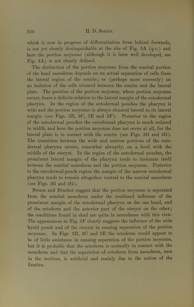 which is now in progress of differentiation from behind forwards, is not yet clearly distinguishable at the site of Fig. 3A (q.v.) and here the portion moyenne (although it is later well developed, see Fig. 4A) is not clearly defined. V The distinction of the portion moyenne from the somital portion of the head mesoderm depends on an actual separation of cells from the lateral region of the somite; or (perhaps more correctly) on an isolation of the cells situated between the somite and the lateral plate. The position of the portion moyenne, where portion moyenne occurs, bears a definite relation to the lateral margin of the entodermal pharynx. In the region of the entodermal pouches the pharynx is wide and the portion moyenne is always situated lateral to its lateral margin (see Figs. 3B, 30, 3E and 3F). Posterior to the region of the entodermal pouches the entodermal pharynx is much reduced in width, and here the portion moyenne does not occur at all, for the lateral plate is in contact with the somite (see Figs. 3G and 5G). The transition between the wide and narrow portions of the ento- dermal pharynx occurs, somewhat abruptly, on a level with the middle of the otocyst. In the region of the entodermal pouches, the prominent lateral margin of the pharynx tends to insinuate itself between the somital mesoderm and the portion moyenne. Posterior to the entodermal-pouch region the margin of the narrow entodermal pharynx tends to remain altogether ventral to the somital mesoderm (see Figs. 3G and 5G). Swaen and Brachet suggest that the portion moyenne is separated from the somital mesoderm under the combined influence of the prominent margin of the entodermal pharynx on the one hand, and of the ectoderm and the anterior part of the otocyst on the other; the conditions found in shad are quite in accordance with this view. The appearances in Fig. 3F clearly suggests the influence of the wide hyoid pouch and of the otocyst in causing separation of the portion moyenne. In Figs. 3B, 30 and 3E the ectoderm would appear to be of little assistance in causing separation of the portion moyenne, but it is probable that the ectoderm is nonnally in contact with the mesoderm and that the separation of ectoderm from mesoderm, seen in the sections, is artificial and mainly due to the action of the fixative.