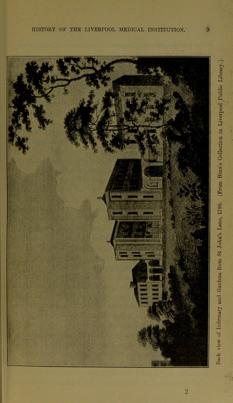 2 Back view of Infirmary and Gardens from St John’s Lane, 1790. (From Binn’g Collection in Liverpool Public Library.)