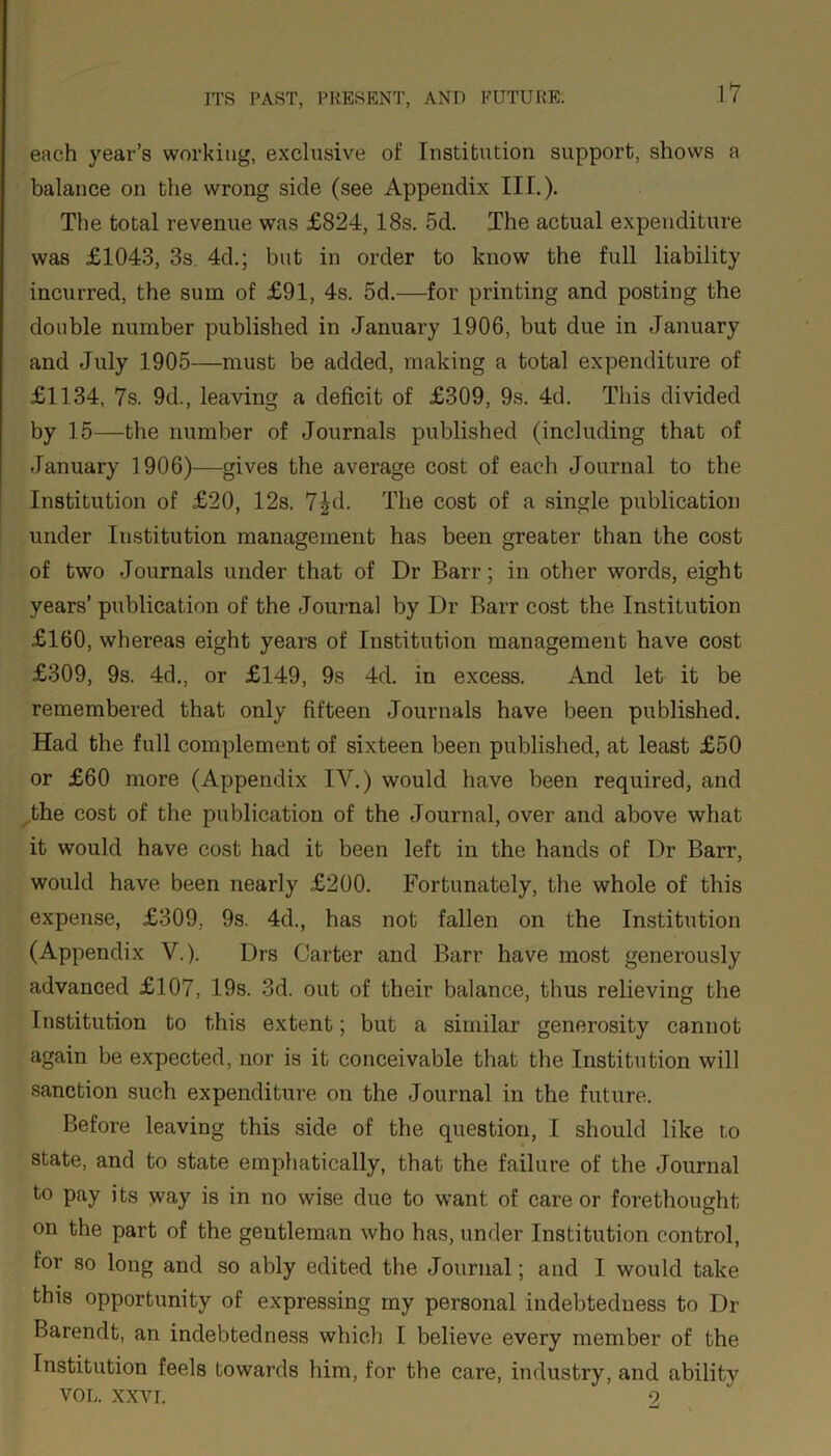 each year’s working, exclusive of Institution support, shows a balance on the wrong side (see Appendix III.). The total revenue was £824, 18s. 5d. The actual expenditure was £1043, 3s. 4d.; but in order to know the full liability incurred, the sum of £91, 4s. 5d.—for printing and posting the double number published in January 1906, but due in January and July 1905—must be added, making a total expenditure of £1134, 7s. 9d., leaving a deficit of £309, 9s. 4d. This divided by 15—the number of Journals published (including that of January 1906)—gives the average cost of each Journal to the Institution of £20, 12s. 7£d. The cost of a single publication under Institution management has been greater than the cost of two Journals under that of Dr Barr; in other words, eight years’ publication of the Journal by Dr Rarr cost the Institution £160, whereas eight years of Institution management have cost £309, 9s. 4d., or £149, 9s 4d. in excess. And let it be remembered that only fifteen Journals have been published. Had the full complement of sixteen been published, at least £50 or £60 more (Appendix IV.) would have been required, and the cost of the publication of the Journal, over and above what it would have cost had it been left in the hands of Dr Barr, would have been nearly £200. Fortunately, the whole of this expense, £309. 9s. 4d., has not fallen on the Institution (Appendix V.). Drs Carter and Barr have most generously advanced £107, 19s. 3d. out of their balance, thus relieving the Institution to this extent; but a similar generosity cannot again be expected, nor is it conceivable that the Institution will sanction such expenditure on the Journal in the future. Before leaving this side of the question, I should like to state, and to state emphatically, that the failure of the Journal to pay its way is in no wise due to want of care or forethought on the part of the geutleman who has, under Institution control, for so long and so ably edited the Journal; and I would take this opportunity of expressing my personal indebtedness to Dr Barendt, an indebtedness which I believe every member of the Institution feels towards him, for the care, industry, and ability VOL. XXVI. 9