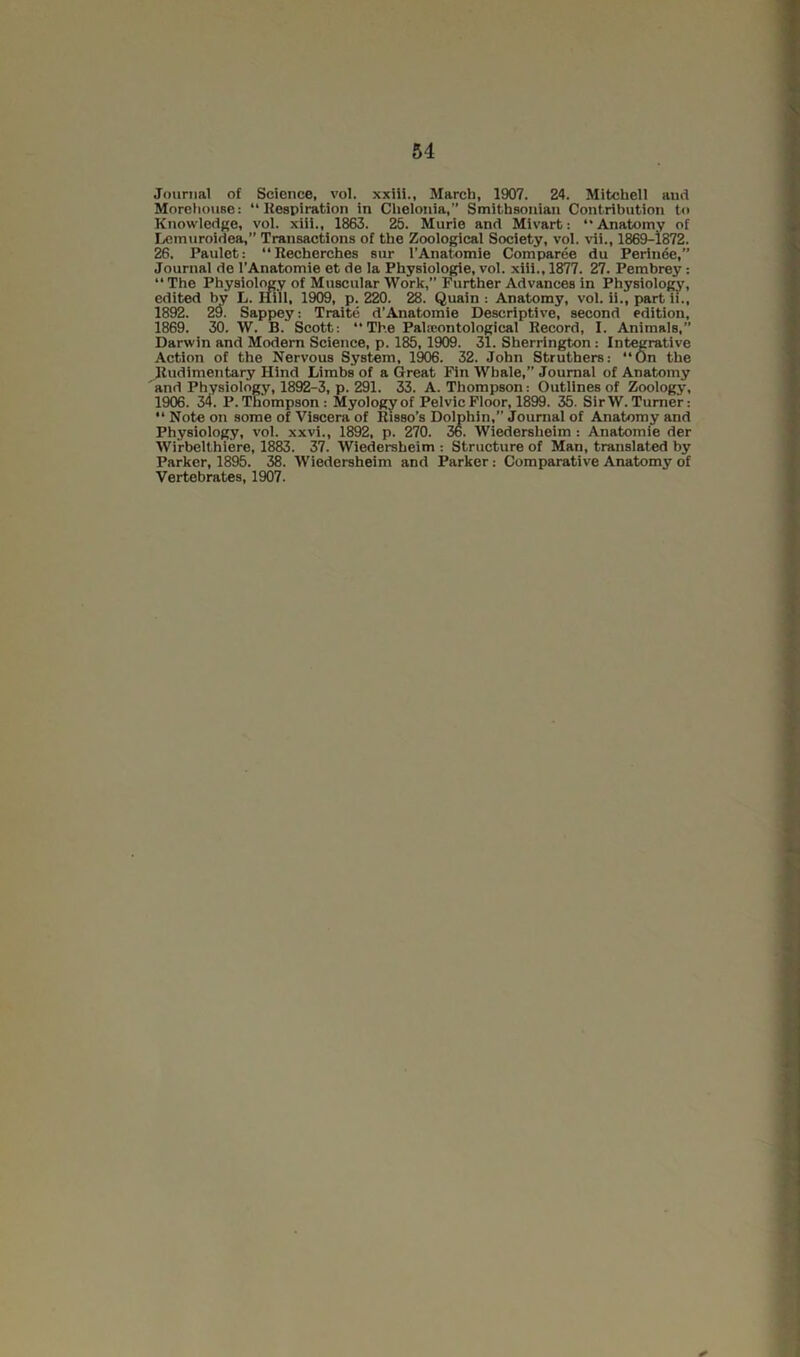 Journal of Science, vol. xxiii., March, 1907. 24. Mitchell and MoretiouBe: “ Hespiration in Chelonia,” Smithsonian Contribution to Knowledge, vol. xiii., 1863. 25. Murie and Mivart: “Anatomy of Lcmuroidea,” Transactions of the Zoological Society, vol. vii., 1M9-1872. 26. Paulet: “Recherches sur I’Anatomie Comparee du Perinee,” Journal do I'Anatomie et de la Physiologic, vol. xiii., 1877. 27. Perabrey : “The Physiology of Muscular Work,” Further Advances in Physiology, edited by L. Hill, 1909, p. 220. 28. Quain : Anatomy, vol. il., part ii., 1892. 29. Sappey: Traite d’Anatomic Descriptive, second edition, 1869. 30. W. B. Scott: “The Palaeontological Record, 1. Animals,” Darwin and Modem Science, p. 185,1909. 31. Sherrington : Integrative Action of the Nervous System, 1906. 32. John Struthers: On the Rudimentary Hind Limbs of a Great Fin Whale,” Journal of Anatomy 'and Physiology, 1892-3, p. 291. 33. A. Thompson: Outlines of Zoology, 1906. 34. P. Thompson: Myology of Pelvic Floor, 1899. 35. Sir W. Turner: “ Note on some of Viscera of Risso’s Dolphin,” Journal of Anatomy and Physiology, vol. xxvi., 1892, p. 270. 36. Wiedersheim : Anatomic der Wirbelthiere, 1883. 37. Wiedersheim : Structure of Man, translated by Parker, 1895. Wiedersheim and Parker: Comparative Anatomy of Vertebrates, 1907.