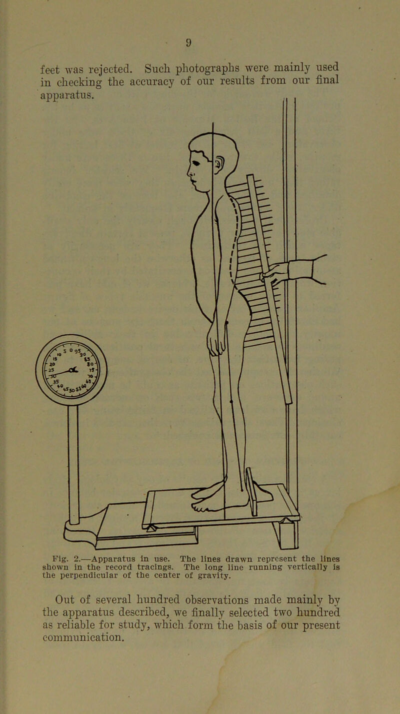 feet was rejected. Such photographs were mainly used in checking the accuracy of our results from our final Fig. 2.—Apparatus in use. The lines drawn represent the lines shown in the record tracings. The long line running vertically is the perpendicular of the center of gravity. Out of several hundred observations made mainly by the apparatus described, we finally selected two hundred as reliable for study, which form the basis of our present communication.