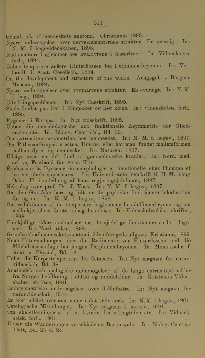 Grundtrsek af menneskets anatomi. Christiania 1893. Nyere undersogelser over nerveelementernes Struktur. En oversigt. In: N. M. f. laegevidenskaben, 1893. Rudimentsere baglemmer hos hvaldyrene i fosterlivet. In: Videnskabss. forh., 1894. Ueber temporäre äußere Hinterflossen bei Delpbinembryonen. In; Ver- handl. d. Anat. Gesellsch., 1894. On the development and structure of the whale. Ausgegeb. v. Bergens Museum, 1894. Nyere undersogelser over rygmarvens Struktur. En oversigt. In; N. M. £ l»g., 1894. Udviklingsproblemer. In: Nyt tidsskrift, 1895. Skeletfundet paa Bor i Ringsaker og Ror kirke. In: Videnskabss. forh., 1895. Pygmeer i Europa. In: Nyt tidsskrift, 1895. Ueber die morphologische und funktionelle Asymmetrie der Glied- maßen etc. In: Biolog. Centralbl., Bd. 16. Om extremitets-assymetrien hos mennesket. In: N. M. f. Isegev., 1897. Om Pithecanthropus erectus, Dubois, eller har man fundet mellemformen mellem dyret og mennesket. In: Naturen: 1897. Udsigt over en del fund af gammelnorske kranier. In: Nord. med. arkivs, Pestband für Axel Key. Etudes sur la Dyssemetrie morphologie et fonctionelle chez l’homme et •les vertebres supörieures. In: Universitetets festskrift til H. M. Kong Oskar II. i anledning af hans regjeringsjubilseum, 1897. Nekrolog over prof. Dr. J. Voss. In: N. M. f. Imgev., 1897. Om den GALn’ske leere og lidt om de psykiske fuuktioners lokalisation for og nu. In; N. M. f. leegev., 1898. Om reduktionen af de temporeere baglemmer hos delfinembryoner og om melkekjertelens ferste anleeg hos disse. In; Videnskabselsks. skrifter, 1898. Porskjellige tiders anskuelser om de sjeelelige fuuktioners seede i lege- met. In: Nord, tidss., 1898. Grundtrsek af menneskets anatomi, 2den foregede udgave. Kristiania, 1899. Neue Untersuchungen über die Rudimente von Hinterflossen und die Milchdrüsenanlage bei jungen Delphinembryonen. In: Monatsschr. f. Anat. u. Physiol., Bd. 16. Ueber die Körpertemperatur der Cetaceen. In; Nyt magazin for natur- videnskab, Bd. 38. Anatomisk-anthropologiske undersogelser af de lange extremitetknokler fra Norges befolkning i oldtid og middelalder. In: Kristiania Viden- skabss. skrifter, 1901. Embryometriske undersogelser over delfinfostre. In: Nyt magazin for naturvidenskab, 1900. En kort udsigt over anatomien i det 19de aarh. In: N. M. f. Ijegev., 1901. Cetologische Mitteilungen. In: Nyt magazin f. naturv., 1901. Om skeletlevningerne af en kvinde fra vikingtiden etc. In: Vidensk. selsk. forh., 1901. Ueber die Wanderungen verschiedener Bartenwale. In: Biolog. Central- blatt, Bd. 23 u. 24.