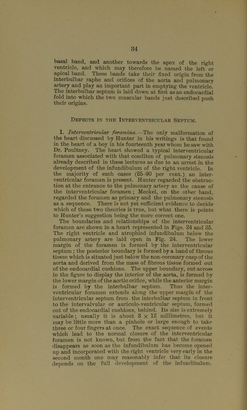 basal band, and another towards the apex of the right ventricle, and which may therefore be named the left or apical band. These bands take their fixed origin from the interbulbar raphe and orifices of the aorta and pulmonary artery and play an important part in emptying the ventricle. The interbulbar septum is laid down at first as an endocardial fold into which the two muscular bands just described push their origins. Defects in the Interventricular Septum. 1. Interventruyiola/r foramina.—The only malformation of the heart discussed by Hunter in his writings is that found in the heart of a boy in his fourteenth year whom he saw with Dr. Poultney. The heart showed a typical interventricular foramen associated with that conditon of pulmonary stenosis already described in these lectures as due to an arrest in the development of the infundibulum of the right ventricle. In the majority of such cases (85-90 per cent.) an inter- ventricular foramen is present. Hunter regarded the obstruc- tion at the entrance to the pulmonary artery as the cause of the interventricular foramen ; Meckel, on the other hand, regarded the foramen as primary and the pulmonary stenosis as a sequence. There is not yet sufficient e\idence to decide which of these two theories is true, but what there is points to Hunter’s .suggestion being the more correct one. The boundaries and relationships of the interventricular foramen are shown in a heart represented in Figs. 24 and 25. The right ventricle and atrophied infundibulum below the pulmonary artery are laid open in Fig. 24. The lower margin of the foramen is formed by the interventricular septum ; the posterior boundary is formed by a band of fibrous tissue which is situated just below the non-coronary cusp of the aorta and derived from the mass of fibrous tissue formed out of the endocardial cushions. The upper boundary, cut across in the figure to display the interior of the aorta, is formed by the lower margin of the aortic orifice, while the anterior margin is formed by the interbulbar septum. Thus the inter- ventricular foramen extends along the upper margin of the interventricular septum from the interbulbar septum in front to the intervalvular or auriculo-ventricular septum, formed out of the endocardial cushions, behind. Its size is extremely variable; usually it is about 8 X 12 millimetres, but it may be little more than a pinhole or large enough to take three or four fingers at once. The exact sequence of events which lead to the normal closure of the interventricular foramen is not known, but from the fact that the foramen disappears as soon as the infundibulum lias become opened up and incorporated with the right ventricle very early in the .second month one may reasonably infer that its closure depends on the full development of the infundibulum,