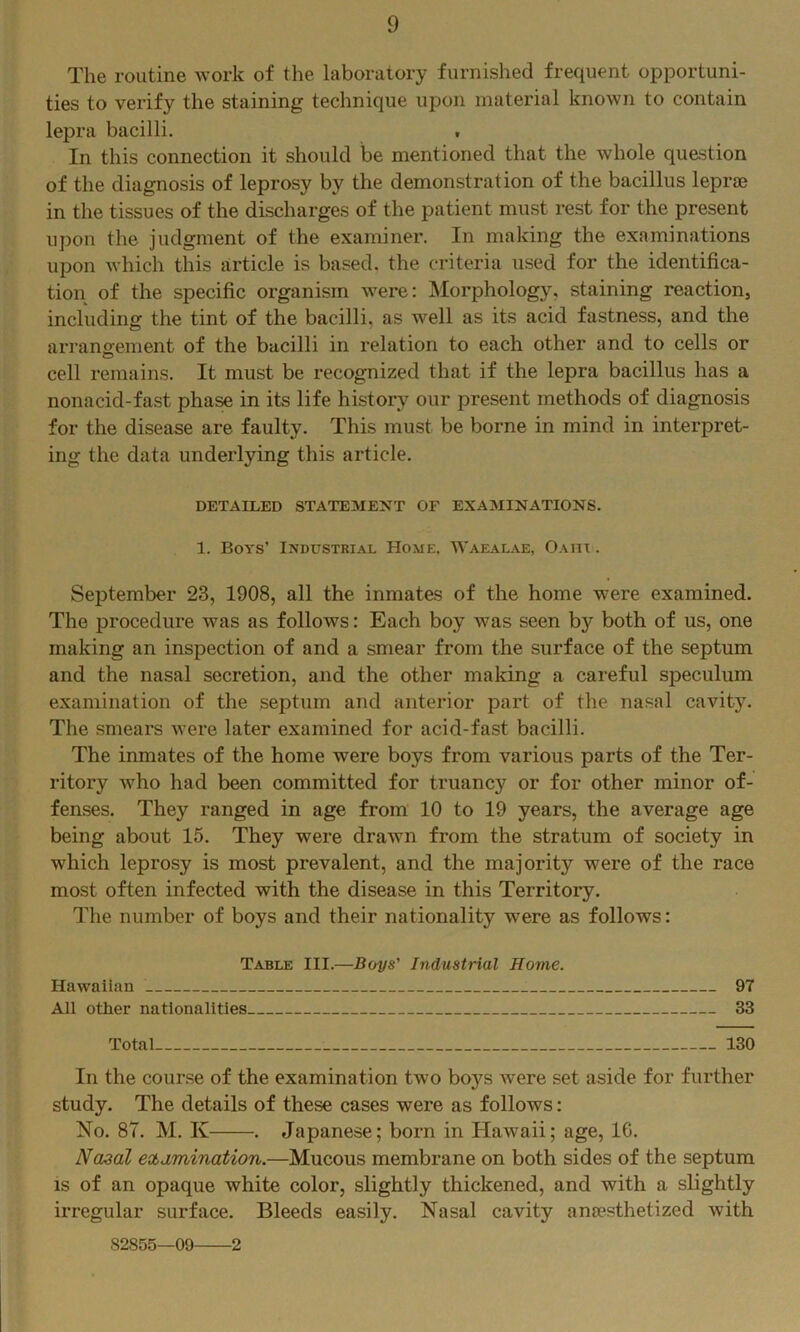 The routine work of the laboratory furnished frequent opportuni- ties to verify the staining technique upon material known to contain lepra bacilli. , In this connection it should be mentioned that the whole question of the diagnosis of leprosy by the demonstration of the bacillus leprae in the tissues of the discharges of the patient must rest for the present upon the judgment of the examiner. In making the examinations upon which this article is based, the criteria used for the identifica- tion of the specific organism were: Morphology, staining reaction, including the tint of the bacilli, as well as its acid fastness, and the arrans:ement of the bacilli in relation to each other and to cells or cell remains. It must be recognized that if the lepra bacillus has a nonacid-fast phase in its life history our present methods of diagnosis for the disease are faulty. This must be borne in mind in interpret- ing the data underlying this article. DETAILED STATEMENT OF EXAMINATIONS. 1. Boys’ Industrial Home. Waealae, Oaiit . September 23, 1908, all the inmates of the home were examined. The procedure was as follows: Each boy was seen by both of us, one making an inspection of and a smear from the surface of the septum and the nasal secretion, and the other making a careful speculum examination of the septum and anterior part of the nasal cavity. The smears were later examined for acid-fast bacilli. The inmates of the home were boys from various parts of the Ter- ritory who had been committed for truancy or for other minor of- fenses. They ranged in age from 10 to 19 years, the average age being about 15. They were drawn from the stratum of society in which leprosy is most prevalent, and the majority were of the race most often infected with the disease in this Territory. The number of boys and their nationality were as follows: Table III.—Boys' Industrial Home. Hawaiian 97 All other nationalities 33 Total 130 In the cour.se of the examination two boys tvere set aside for further study. The details of these cases were as follows; No. 87. M. K . Japanese; born in Hawaii; age, IG. Nasal examination.—Mucous membrane on both sides of the septum is of an opaque white color, slightly thickened, and with a slightly irregular surface. Bleeds easily. Nasal cavity ansesthetized with 82855—09 2