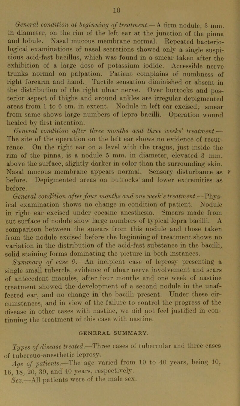 General condition at beginning of treatment.— A firm nodule, 3 mm. in diameter, on the rim of the left ear at the junction of the pinna and lobule. Nasal mucous membrane normal. Repeated bacterio- logical examinations of nasal secretions showed only a single suspi- cious acid-fast bacillus, which was found in a smear taken after the exhibition of a large dose of potassium iodide. Accessible nerve trunks normal on palpation. Patient complains of numbness of right forearm and hand. Tactile sensation diminished or absent in the distribution of the right ulnar nerve. Over buttocks and pos- terior aspect of thighs and around ankles are irregular depigmented areas from 1 to 6 cm. in extent. Nodule in left ear excised; smear from same shows large numbers of lepra bacilli. Operation wound healed by first intention. General condition after three months and three weeks' treatment.— The site of the operation on the left ear shows no evidence of recur- rence. On the right ear on a level with the tragus, just inside the rim of the pinna, is a nodule 5 mm. in diameter, elevated 3 mm. above the surface, slightly darker in color than the surrounding skin. Nasal mucous membrane appears normal. Sensory disturbance as t before. Depigmented areas on buttocks' and lower extremities as before. General condition after four months and one week's treatment.—Phys- ical examination shows no change in condition of patient. Nodule in right ear excised under cocaine anesthesia. Smears made from cut surface of nodule show large numbers of typical lepra bacilli. A comparison between the smears from this nodule and those taken from the nodule excised before the beginning of treatment shows no variation in the distribution of the acid-fast substance in the bacilli, solid staining forms dominating the picture in both instances. Summary of case 6.—An incipient case of leprosy presenting a single small tubercle, evidence of ulnar nerve involvement and scars of antecedent macules, after four months and one week of nastine treatment showed the development of a second nodule in the unaf- fected ear, and no change in the bacilli present. Under these cir- cumstances, and in view of the failure to control the progress of the disease in other cases with nastine, we did not feel justified in con- tinuing the treatment of this case with nastine. GENERAL SUMMARY. Types of disease treated.—Three cases of tubercular and three cases of tubercuo-anesthetic leprosy. Age of patients.—The age varied from 10 to 40 years, being 10, 16, 18, 20, 30, and 40 years, respectively. Sex.—All patients were of the male sex.