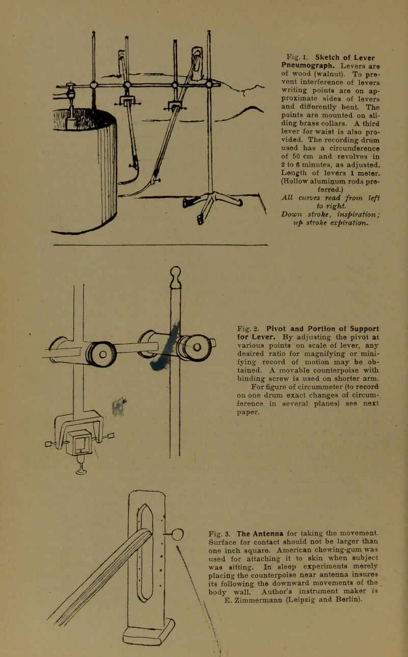 Fig. 1. Sketch of Lever Pneumograph. Levers are of wood (walnut). To pre- vent interference of lovers writing points are on ap- proximate sides of lovers and differently beni The points are mounted on sli- ding brass collars. A third lever for waist is also pro- vided. The recording drum used has a circumference of 50 cm and revolves in 2 to fi minutes, as adjusted. Length of levers 1 meter. (Hollow aluminum rods pre- ferred.) All cxirves read from left to right. Down stroke, inspiration; vp stroke expiration. Fig. 2. Pivot and Portion of Support for Lever. By adjusting the pivot at various points on scale of lever, any desired ratio for magnifying or mini- fying record of motion may be ob- tained. A movable coimterpoise •w’ith binding screw is used on shorter arm. For figure of circummeter (to record on one drum exact changes of circum- ference in several planes) see next paper. Fig. 3. The Antenna for taking the movement. Surface for contact should not be larger than one inch square. American chewing-gum was used for attaching it to skin when subject was sitting. In sleep experiments merely placing the counterpoise near antenna insures its following the downward movements of the_ body wall. Author’s instrument maker is E. Zimmermann (Leipzig and Berlin).