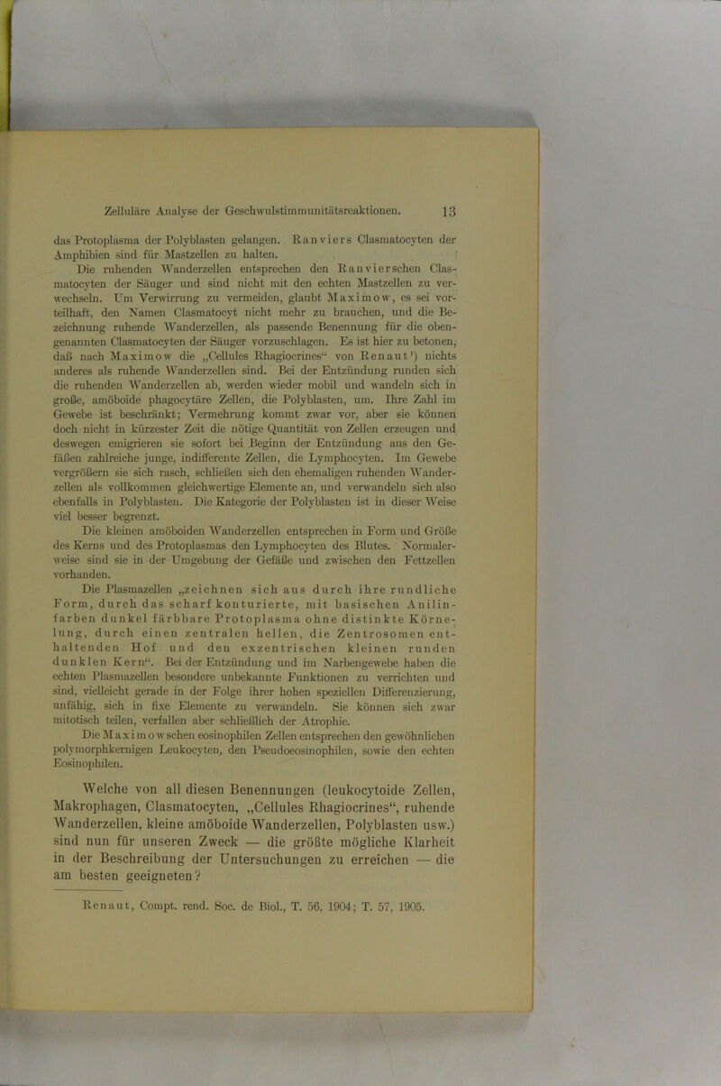 das Protoplasma der Polyblasten gelangen. Ranviers Clasmatocyten der Amphibien sind für Mastzellen zu halten. Die ruhenden Wanderzellen entsprechen den Ran vier sehen Clas- matocyten der Säuger und sind nicht mit den echten Mastzellen zu ver- wechseln. Um Verwirrung zu vermeiden, glaubt Maximow, es sei vor- teilhaft, den Namen Clasmatocyt nicht mehr zu brauchen, und die Be- zeichnung ruhende Wanderzellen, als passende Benennung für die oben- genannten Clasmatocyten der Säuger vorzuschlagen. Es ist hier zu betonen, daß nach Maximow die „Cellules Rhagiocrines“ von Ren aut') nichts anderes als ruhende ^Vanderzellen sind. Bei der Entzündung runden sich die ruhenden Wanderzellen ab, werden wieder mobil und wandehi sich in große, amöboide phagocytäre Zellen, die Polyblasten, um. Ihre Zahl im Gewebe ist beschränkt; Vermehrung kommt zwar vor, aber sie können doch nicht in kürzester Zeit die nötige Quantität von Zellen erzeugen und deswegen emigrieren sie sofort bei Beginn der Entzündung aus den Ge- fäßen zahlreiche junge, indifferente Zellen, die Lymphocyten. Im Gewebe vergrößern sie sich rasch, schließen sich den ehemaligen ruhenden Wander- zellen als vollkommen gleichwertige Elemente an, und verwandehi sich also ebenfalls in Polyblasten. Die Kategorie der Polyblasten ist in dieser Weise viel besser begrenzt. Die kleinen amöboiden Wanderzellen entsprechen in Form und Größe des Kerns und des Protoplasmas den Lymphocyten des Blutes. Normaler- Aveise sind sie in der Umgebung der Gefäße und zwischen den FettzeUen vorhanden. Die PlasmazeUen „zeichnen sich aus durch ihre rundliche Form, durch das scharf konturierte, mit basischen Anilin- farben dunkel färbbare Protoplasma ohne distinkte Körne- lung, durch einen zentralen hellen, die Zentrosomen ent- haltenden Hof und den exzentrischen kleinen runden dunklen Kern“. Bei der Entzündung und im Narbengewebe haben die echten Plasmazellen besondere unbekannte Funktionen zu verrichten und sind, vielleicht gerade in der Folge ihrer hohen speziellen Differenzierung, unfähig, sich in fixe Elemente zu verwandeln. Sie können sich zwar mitotisch teilen, verfallen aber schließUch der Atrophie. Die M aximo av sehen eosinophilen Zellen entsprechen den geAvöhnlichen polymorphkernigen Leukocyten, den Pseudoeosinophilen, soAvie den echten Eosinojjhilen. Welche von all diesen Benennungen (leukocytoide Zellen, Makrophagen, Clasmatocyten, „Cellules Rhagiocrines“, ruhende Wanderzellen, kleine amöboide Wanderzellen, Polyblasten usw.) sind nun für unseren Ztveck — die größte mögliche Klarheit in der Beschreibung der Untersuchungen zu erreichen — die am besten geeigneten? Ren aut, Compt. rend. Soc. de Biol., T. 56, 1904; T. 57, 1905.