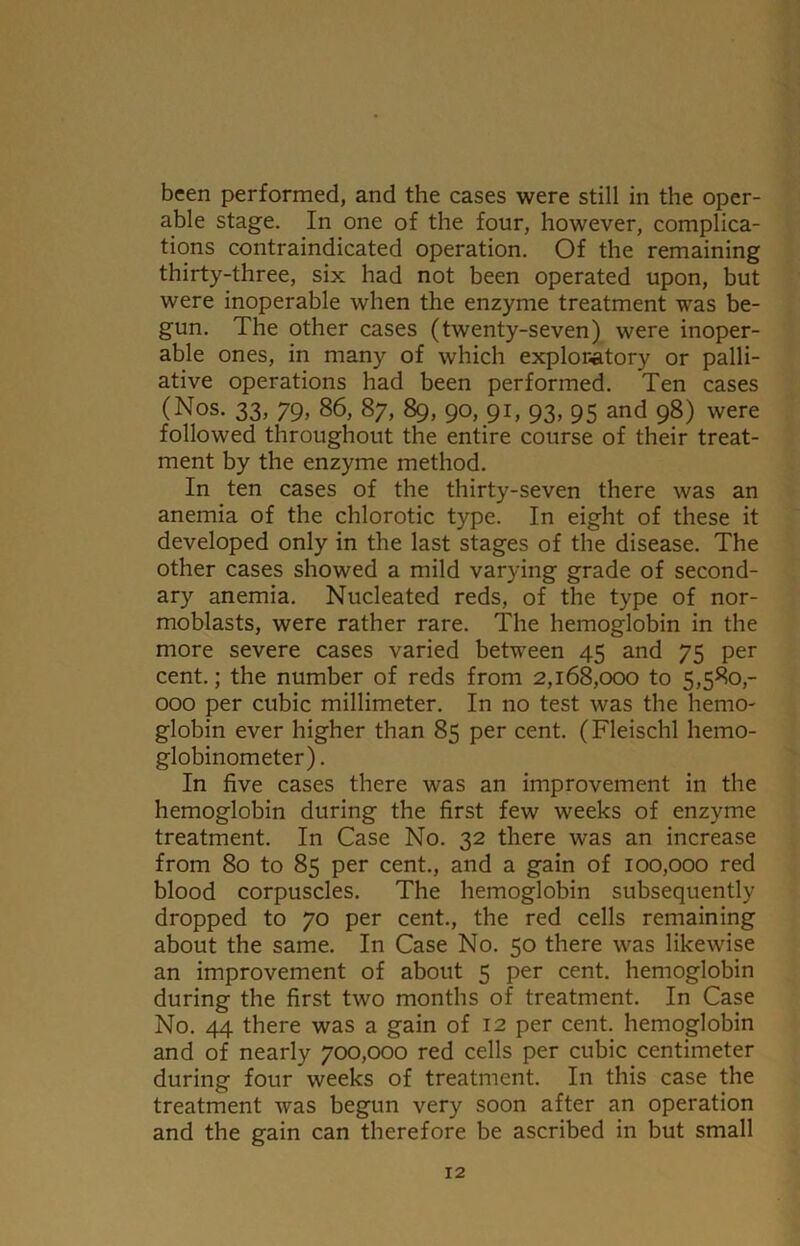 been performed, and the cases were still in the oper- able stage. In one of the four, however, complica- tions contraindicated operation. Of the remaining thirty-three, six had not been operated upon, but were inoperable when the enzyme treatment was be- gun. The other cases (twenty-seven) were inoper- able ones, in many of which exploratory or palli- ative operations had been performed. Ten cases (Nos. 33, 79, 86, 87, 89, 90, 91, 93, 95 and 98) were followed throughout the entire course of their treat- ment by the enzyme method. In ten cases of the thirty-seven there was an anemia of the chlorotic type. In eight of these it developed only in the last stages of the disease. The other cases showed a mild varying grade of second- ary anemia. Nucleated reds, of the type of nor- moblasts, were rather rare. The hemoglobin in the more severe cases varied between 45 and 75 per cent.; the number of reds from 2,168,000 to 5,580,- 000 per cubic millimeter. In no test was the hemo- globin ever higher than 85 per cent. (Fleischl hemo- globinometer). In five cases there was an improvement in the hemoglobin during the first few weeks of enzyme treatment. In Case No. 32 there was an increase from 80 to 85 per cent., and a gain of 100,000 red blood corpuscles. The hemoglobin subsequently dropped to 70 per cent., the red cells remaining about the same. In Case No. 50 there was likewise an improvement of about 5 per cent, hemoglobin during the first two months of treatment. In Case No. 44 there was a gain of 12 per cent, hemoglobin and of nearly 700,000 red cells per cubic centimeter during four weeks of treatment. In this case the treatment was begun very soon after an operation and the gain can therefore be ascribed in but small