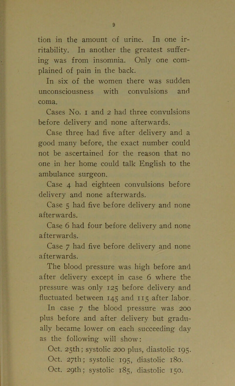 tion in the amount of urine. In one ir- ritability. In another the greatest suffer- ing was from insomnia. Only one com- plained of pain in the back. In six of the women there was sudden unconsciousness with convulsions and coma. Cases No. I and 2 had three convulsions before delivery and none afterwards. Case three had five after delivery and a good many before, the exact number could not be ascertained for the reason that no one in her home could talk English to the ambulance surgeon. Case 4 had eighteen convulsions before delivery and none afterwards. Case 5 had five before delivery and none afterwards. Case 6 had four before delivery and none afterwards. Case 7 had five before delivery and none afterwards. The blood pressure was high before and after delivery except in case 6 where the pressure was only 125 before delivery and fluctuated between 145 and 115 after labor. In case 7 the blood pressure was 200 plus before and after delivery but gradu- ally became lower on each succeeding day as the following will show: Oct. 25th; systolic 200 plus, diastolic 195. Oct. 27th; systolic 195, diastolic 180. Oct. 29th; systolic 185, diastolic 150.