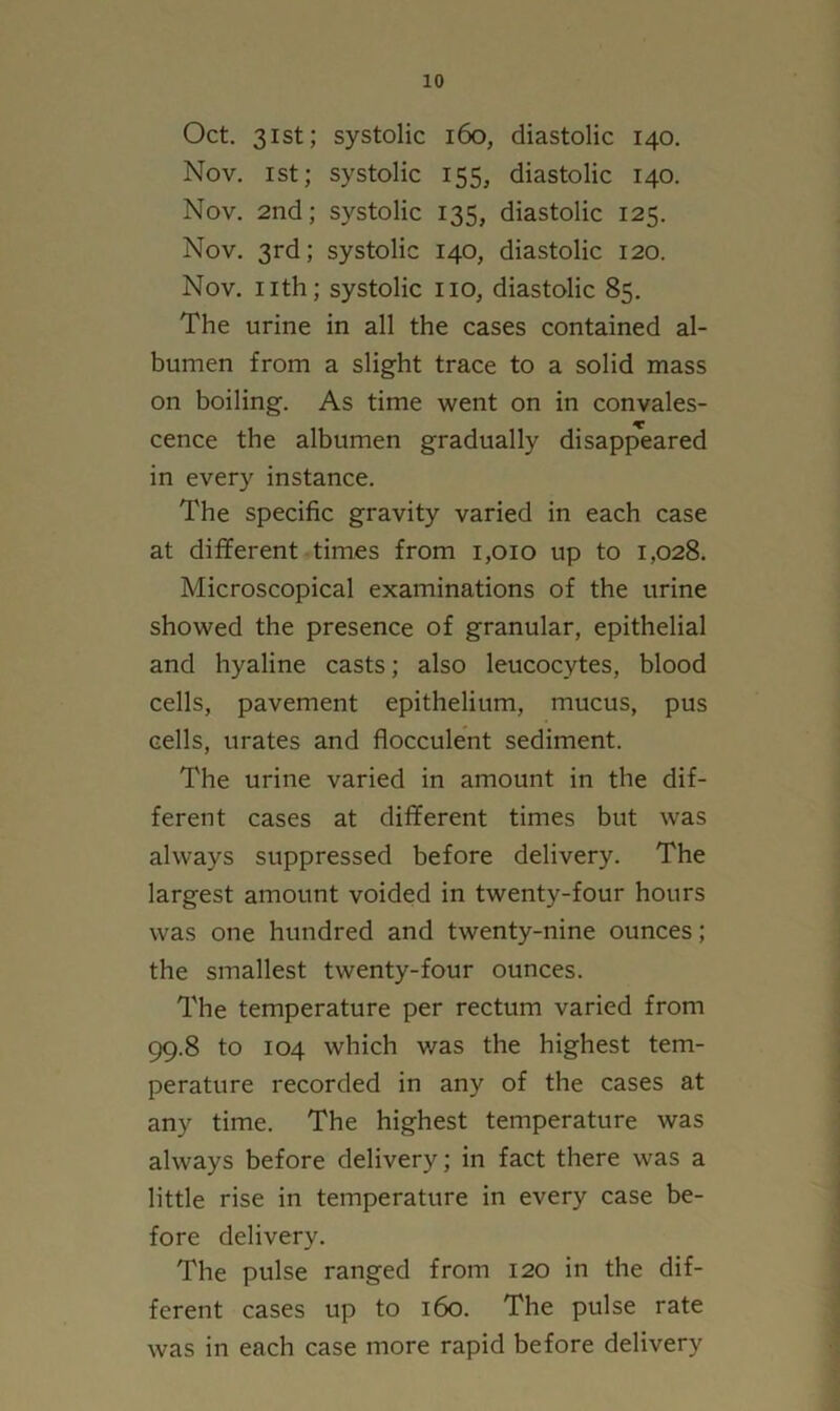 Oct. 31st; systolic 160, diastolic 140. Nov. 1st; systolic 155, diastolic 140. Nov. 2nd; systolic 135, diastolic 125. Nov. 3rd; systolic 140, diastolic 120. Nov. nth; systolic no, diastolic 85. The urine in all the cases contained al- bumen from a slight trace to a solid mass on boiling. As time went on in convales- cence the albumen gradually disappeared in every instance. The specific gravity varied in each case at different times from 1,010 up to 1,028. Microscopical examinations of the urine showed the presence of granular, epithelial and hyaline casts; also leucocytes, blood cells, pavement epithelium, mucus, pus cells, urates and flocculent sediment. The urine varied in amount in the dif- ferent cases at different times but was always suppressed before delivery. The largest amount voided in twenty-four hours was one hundred and twenty-nine ounces; the smallest twenty-four ounces. The temperature per rectum varied from 99.8 to 104 which was the highest tem- perature recorded in any of the cases at any time. The highest temperature was always before delivery; in fact there was a little rise in temperature in every case be- fore delivery. The pulse ranged from 120 in the dif- ferent cases up to 160. The pulse rate was in each case more rapid before delivery