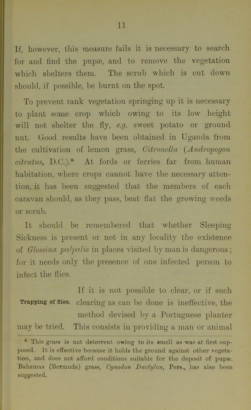 If, however, this measure fails it is necessary to search for and find the pupre, and to remove the vegetation which si letters them. The scrub which is cut down should, if possible, be burnt on the spot. To prevent rank vegetation springing up it is necessary to plant some crop which owing to its low height will not shelter the fly, e.g. sweet potato or ground nut. Good results have been obtained in Uganda from the cultivation of lemon grass, Citronclla (Andropogon citratus, D.C.).* At fords or ferries far from human habitation, where crops cannot have the necessary atten- tion, it has been suggested that the members of each caravan should, as they pass, beat flat the growing weeds or scrub. It should be remembered that whether Sleeping- Sickness is present or not in any locality the existence of Glossina palpalis in places visited by man is dangerous ; for it needs only the presence of one infected person to infect the flies. If it is not possible to clear, or if such Trapping of flies, clearing as can be done is ineffective, the method devised by a Portuguese planter may be tried. This consists in providing a man or animal * This grass is not deterrent owing to its smell as was at first sup- posed. it is effective because it holds the ground against other vegeta- tion, and does not afford conditions suitable for the deposit of pupoe. Bahamas (Bermuda) grass, Cynodon Dac/ylon, Pers., has also been suggested.