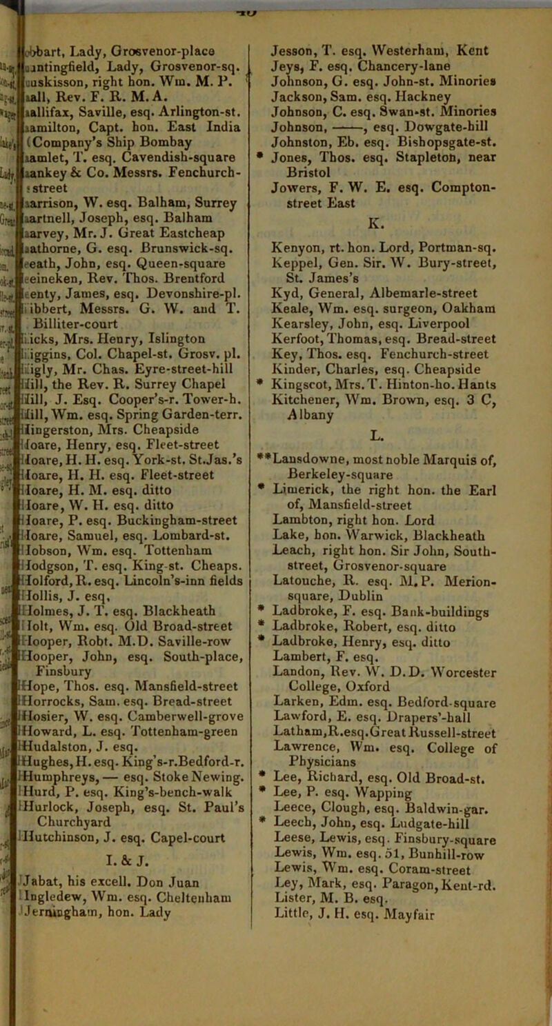 art, Lady, Grosvenor-place Inantingfield, Lady, GrosvcDor-sq. uuskisson, right hon. Win. M. P. udl, Rev. F. R. M. A. lallifax, Saville, esq. Arlington-st. amiltOD, Capt. hon. East India (Company’s Ship Bombay iamlet, T. esq. Cavendish>square lumkey & Co. Messrs. Fenchurch- s street sarrison, W. esq. Balham, Surrey aartnell, Joseph, esq. Balham aarvey, Mr. J. Great Eastcheap tathorne, G. esq. Brunswick-sq. eeath, John, esq. Queen-square eeineken. Rev. Thos. Brentford eenty, James, esq. Devonshire-pl. ^ ii ibbert, Messrs. G. W. and T. Billiter-court [Licks, Mrs. Henry, Islington iggins, Col. Chapel-st. Grosv. pi. (gj liiigly, Mr, Chas. Eyre-street-hill Hill, the Rev. R. Surrey Chapel Hill, J. Esq. Cooper’s-r. Tower-h. ^ Hill, Wm. esq. Spring Garden-terr. ^ Hingerston, Mrs. Cheapside Hoare, Henry, esq. Fleet-street Hoare, H. H. esq. York-st. St.Jas.’s Hoare, H. H. esq. Fleet-street Hoare, H. M. esq. ditto Hoare, W. H, esq, ditto Hoare, P. esq. Buckingham-street Hoare, Samuel, esq. Lombard-st. Hobson, Wm. esq. Tottenham Hodgson, T. esq. King-st. Cheaps. Klolford, R. esq. Lincoln’s-inn fields Hollis, J. esq. [Holmes, J. T. esq. Blackheath ,' Holt, Wm. esq. Old Broad-street [Hooper, Robt. M.D. Saville-row ’[^Hooper, John, esq. South-place, Finsbury IHope, Thos. esq. Mansfield-street IHorrocks, Sam. esq. Bread-street Iflosier, W. esq. Camberwell-grove IHoward, L. esq. Tottenham-green iHudalston, J. esq. IHughes, H. esq. King’s-r.Bedford-r. IHumphreys,— esq. Stoke Newing. IHurd, P. esq. King’s-bench-walk IHurlock, Joseph, esq. St. Paul’s Churchyard IHutchinson, J. esq. Capel-court I.& J. fill' JJabat, his excell. Don Juan lingledew, Wm. esq. Cheltenham JeriUDghatn, hon. Lady Jesson, T. esq. Westerham, Kent Jeys, F. esq. Chancery-lane Johnson, G. esq. John-st. Minories Jackson, Sam. esq. Hackney Johnson, C. esq. Swan-st. Minories Johnson, ——, esq. Dowgate-hill Johnston, Eb. esq. Bishopsgate-st. • Jones, Thos. esq. Stapleton, near Bristol Jowers, F. W, E. esq. Compton- street East K. Kenyon, rt. hon. Lord, Portman-sq. Keppel, Gen. Sir. W. Bury-street, St. James’s Kyd, General, Albemarle-street Keale, Wm. esq. surgeon, Oakham Kearsley, John, esq. Liverpool Kerfoot, Thomas, esq. Bread-street Key, Thos. esq. Fenchurch-street Kinder, Charles, esq. Cheapside • Kingseot, Mrs.T. Hinton-ho. Hants Kitchener, Wm. Brown, esq. 3 C, Albany L. •♦Lansdowne, most noble Marquis of, Berkeley-square • Limerick, the right hon. the Earl of, Mansfield-street Lambton, right hon. Lord Lake, bon. Warwick, Blackheath Leach, right hon. Sir John, South- street, Grosvenor-square Latouche, R. esq. M, P. Merion- square, Dublin • Ladbroke, F. esq. Bank-buildings • Ladbroke, Robert, esq. ditto • Ladbroke, Henry, esq. ditto Lambert, F. esq. Landon, Rev. W. D.D. Worcester College, Oxford Larken, Edm. esq. Bedford-square Lawford, E. esq. Drapers’-hall Latham,R.esq.Great Russel 1-street Lawrence, Wm. esq. College of Physicians • Lee, Richard, esq. Old Broad-st. • Lee, P. esq. Wapping Leece, Clough, esq. Baldwin-gar. • Leech, John, esq. Ludgate-hill Leese, Lewis, esq. Finsbury-square Lewis, Wm. esq. 51, Bunhill-row Lewis, Wm. esq. Coram-street Ley, Mark, esq. Paragon, Keut-rd. Lister, M. B. esq. Little, J. H, esq. Mayfair