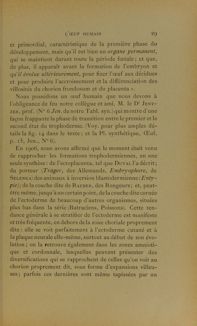 et primordial, caractéristique de la première phase du développement, mais qu'il est bien un organe permanent, qui se maintient durant toute la période foetale ; et que, de plus, il apparaît avant la formation de l’embryon et qu’zV évolue ultérieurement, pour fixer l’œuf aux décidues et pour produire l’accroissement et la différenciation des villosités du chorion frondosum et du placenta ». Nous possédons un œuf humain que nous devons à l'obligeance de feu notre collègue et ami, M. le Dr Jent- zer, prof. (N° 6 Jen. de notre Tabl. syn.) qui montre d’une façon frappante la phase de transition entre le premier et le second état du trophoderme. (Voy. pour plus amples dé- tails la fîg. 14 dans le texte; et la PI. synthétique, Œuf, p. 15, Jen., N° 6). En 1906, nous avons affirmé que le moment était venu de rapprocher les formations trophodermiennes, en une seule synthèse : de l’ectoplacenta, tel que Duval l’a décrit; du porteur (T rager, des Allemands, Embryophore, de Selenka) des animaux à inversion blastodermienne (if/z/ju- pie); de la couche dite de Rauber, des Rongeurs ; et, peut- être même, jusqu'à un certain point, de la couche dite cornée de l'ectoderme de beaucoup d'autres organismes, situées plus bas dans la série (Batraciens, Poissons). Cette ten- dance générale à se stratifier de l'ectoderme est manifeste et très fréquente, en dehors delà zone choriale proprement dite : elle se voit parfaitement à l’ectoderme cutané et à la plaque neurale elle-même, surtout au début de son évo- lution ; on la retrouve également dans les zones amnioti- que et cordonnale, lesquelles peuvent présenter des diversifications qui se rapprochent de celles qu’on voit au chorion proprement dit, sous forme d’expansions villeu- ses ; parfois ces dernières sont même tapissées par un