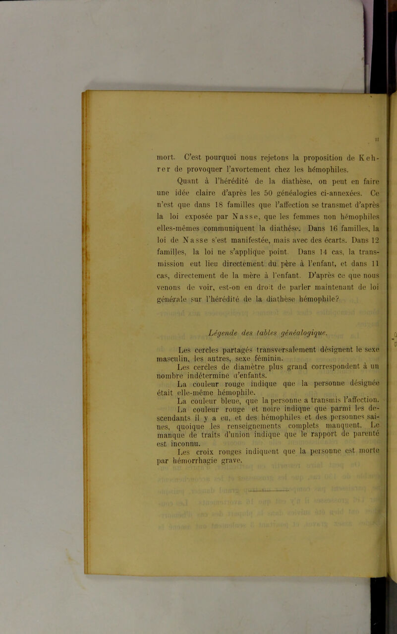 mort. C’est pourquoi nous rejetons la proposition do Keh- rer de provoquer 1’avortement chez les hémophiles. Quant å 1’hérédité de la diathése, on peut en faire une idée claire d’aprés les 50 généalogies ci-annexées. Cc n’est que dans 18 familles que 1’affection se transmet d'aprés la loi exposée par Nasse, que les femmes non hémophiles elles-mémes communiquent la diathése. Dans 16 familles, la loi de Nasse s’est manifestée, mais avec des écarts. Dans 12 familles, la loi ne s’applique point. Dans 14 cas, la trans- mission eut lieu directement du pére å 1’enfant, et dans 11 cas, directement de la mére å 1'enfant. D’aprés ce que nous venons de voir, est-on en droit de parler maintenant de loi générale sur 1’hérédité de la diathése hémophile? Légende des tables généqlogique. Les cercles partagés transversalement désignent le sexe masculin, les autres, sexe féminin. Les cercles de diamétre plus grand correspondent å un nombre indéterminé u’enfants. La couleur roiige indique que la personne désignée était elle-méme hémophile. La couleur bleue, que la personne a transmis 1’affection. La couleur ronge et noire indique que panni les de- scendants il y a eu. et des hémophiles et des personnes sai- nes, quoique les renseigneinents complets manquent. Le manque de traits dhinion indique que le rapport de parenté est i neon nu. Les croix rouges indiquent que la personne est morte par hémorrhagie gra ve.