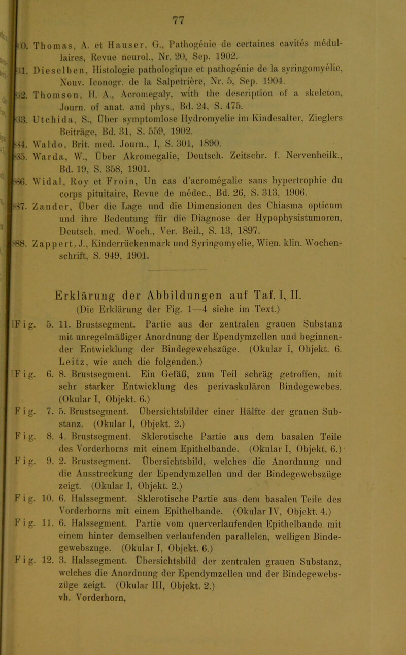 io. Thomas, A. et Hauser, G., Pathogenie de certaiiies cavites medul- laires, Revue neurol., Nr. 20, Sep. 1902. Dieselben, Histologie pathologique et pathogenie de la Syringomyelie, Nouv. Iconogr. de la Salpetriere, Nr. ö, Sep. 1904. Thomson, 11. A., Acromegaly, with the descri|)tion of a skelcton, Journ. of anat. and phys., Rd. 24, S. 475. Utchida, S., Ül)er symptomlose Hydromyelie im Kindesalter, Zieglers Beiträge, Hd. Bl, S. 559, 1902. Waldo, Brit. med. Journ., 1, S. 301, 1890. Warda, W., Über Akromegalie, Deutsch. Zeitschr. f. Nervenheilk., Bd. 19, S. 358, 1901. Widal, Roy et Froin, Un cas d’acromegalie sans hypertrophie du corps pituitaire, Revue de medec., Bd. 2G, S. 313, 1906. Zander, Über die Lage und die Dimensionen des Chiasina opticum und ihre Bedeutung für die Diagnose der Hypophysistumoren, Deutsch, med. Woch., Ver. Beil., S. 13, 1897. Zappel t, J., Kiuderrückenmark und Syringomyelie, Wien. klin. Wochen- schrift, S. 949, 1901. Erklärung der Abbildungen auf Taf. I, II. (Die Erklärung der Fig. 1—4 siehe im Text.) i IFig. 5. 11. Brustsegment. Partie aus der zentralen grauen Substanz I mit unregelmäßiger Anordnung der Ependymzellen und beginnen- der Entwicklung der Bindegewebszüge. (Okular I, Objekt. 6. Leitz, wie auch die folgenden.) IFig. 6. 8. Brustsegment. Ein Gefäß, zum Teil schräg getroffen, mit sehr starker Entwicklung des perivaskulären Bindegewebes. (Okular I, Objekt. 6.) Fig. 7. 5. Brustsegment. Übersichtsbilder einer Hälfte der grauen Sub- stanz. (Okular 1, Objekt. 2.) Fig. 8. 4. Brustsegment. Sklerotische Partie aus dem basalen Teile des Vorderhorns mit einem Epithelbande. (Okular I, Objekt. 6.) Fig. 9. 2. Brustsegment. Übersichtsbild, welches die Anordnung und die Ausstreckung der Ependymzellen und der Bindegewebszüge zeigt. (Okular I, Objekt. 2.) F i g. 10. 6. Halssegment. Sklerotische Partie aus dem basalen Teile des Vorderhorns mit einem Epithelbande. (Okular IV, Objekt. 4.) Fig. 11. 6. Halssegment. Partie vom querverlaufenden Epithelbande mit einem hinter demselben verlaufenden parallelen, welligen Binde- gewebszuge. (Okular I, Objekt. 6.) Fig. 12. 3. Halssegment. Übersichtsbild der zentralen grauen Substanz, welches die Anordnung der Ependymzellen und der Bindegewebs- züge zeigt. (Okular 111, Objekt. 2.) vh. Vorderhorn,
