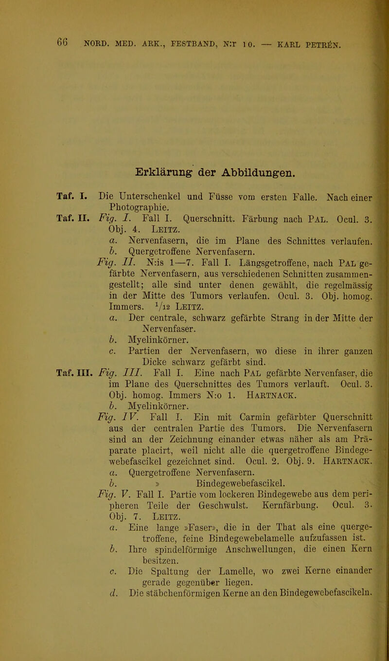 Erklärung der Abbildungen. m Taf. I. Die Unterschenkel und Füsse vom ersten Falle. Nach einer ■ Photographie. 9 Taf. II. Fig. I. Fall I. Querschnitt. Färbung nach Pal. Ocul. 3. 9 Obj. 4. Leitz. 9 a. Nervenfasern, die im Plane des Schnittes verlaufen. 9 h. Quergetroffene Nervenfasern. J Fig. II. N:is 1—7. Fall I. Längsgetroffene, nach Pal ge- « färbte Nervenfasern, aus verschiedenen Schnitten zusammen- fj gestellt; alle sind unter denen gewählt, die regelmässig l in der Mitte des Tnmors verlaufen. Ocul. 3. Obj. homog. I Immers. ^/i2 Leitz. I a. Der centrale, schwarz gefärbte Strang in der Mitte der I Nervenfaser. b. Myelinkörner. j c. Partien der Nervenfasern, wo diese in ihrer ganzen : Dicke schwarz gefärbt sind. ' T.af. III. Fig. III. Fall I. Eine nach Pal gefärbte Nervenfaser, die im Plano des Querschnittes des Tumors verlauft. Ocul. 3. Obj. homog. Immers N:o 1. Hartnack. h. Myelinkörner. Fig. IV. Fall I. Ein mit Carmin gefärbter Querschnitt aus der centralen Partie des Tumors. Die Nervenfasern j sind an der Zeichnung einander etwas näher als am Prä- parate placirt, weil nicht alle die quergetroffene Bindege- webefascikel gezeichnet sind. Ocul. 2. Obj. 9. Hartnack. ' a. Quergetroffene Nervenfasern. h. » Bindegewebefascikel. Fig. V. Fall I. Partie vom lockeren Bindegewebe aus dem peri- pheren Teile der Geschwulst. Kernfärbung. Ocul. 3. Obj. 7. Leitz. a. Eine lange »Faser», die in der That als eine querge- troffene, feine Bindegewebelamelle aufzufassen ist. b. Ihre spindelförmige Anschwellungen, die einen Kern besitzen. c. Die Spaltung der Lamelle, wo zwei Kerne einander gerade gegenüber liegen. d. Die stäbchenförmigen Kerne an den Bindegewehefascikeln.