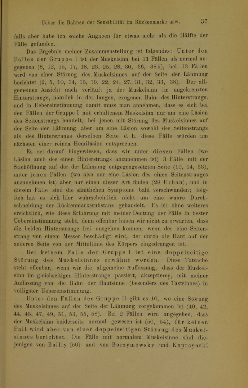 falls aber habe ich solche Angaben für etwas mehr als die Hälfte der Fälle gefunden. Das Ergebnis meiner Zusammenstellung ist folgendes: Unter den Fällen der Gruppe 1 ist der Muskelsinn bei 11 Fällen als normal an- gegeben (8, 12, 15, 17, 18, 23, 25, 28, 30, 36, 38 b), bei 13 Fällen wird von einer Störung des Muskelsinnes auf der Seite der Lähmung berichtet (2, 5, 10, 14, 16, 19, 22, 24, 27, 31, 32, 33, 38). Der all- gemeinen Ansicht nach verläuft ja der Muskelsinn im ungekreuzten Hinterstrange, nämlich in der langen, exogenen Bahn des Hinterstrangs, und in Uebereinstimmung damit muss man annehmen, dass es sich bei den Fällen der Gruppe I mit erhaltenem Muskelsinn nur um eine Läsion des Seitenstrangs handelt, bei jenen mit Störung des Muskelsinnes auf der Seite der Lähmung aber um eine Läsion sowohl des Seitenstrangs als des Hinterstrangs derselben Seite d. h. diese Fälle würden am nächsten einer reinen Hemiläsion entsprechen. Es sei darauf hingewiesen, dass wir unter diesen Fällen (wo Läsion auch des einen Hinterstrangs anzunehmeu ist) 3 Fälle mit der Stichöfl’nung auf der der Lähmung entgegengesetzten Seite (10, 14, 33), unter jenen Fällen (wo also nur eine Läsion des einen Seitenstranges anzunehmen ist) aber nur einen dieser Art finden (28 Urban), und in diesem Fälle sind die sämtlichen Symptome bald verschwunden; folg- lich hat es sich hier wahrscheinlich nicht um eine w'ahre Durch- schneidung der Rückenmarkssubstanz gehandelt. Es ist ohne weiteres ersichtlich, wie diese Erfahrung mit meiner Deutung der Fälle in bester Uebereinstimmung steht, denn offenbar haben wir nicht zu erwarten, dass die beiden Hinterstränge frei ausgehen können, wenn der eine Seiten- strang von einem Messer beschädigt wird, der durch die Haut auf der anderen Seite von der Mittellinie des Körpers eingedrungen ist. Bei keinem Falle der Gruppe I ist eine doppelseitige Störung des Muskelsinues erw’ähnt worden. Diese Tatsache steht offenbar, wenn wir die allgemeine Auffassung, dass der Muskel- sinn im gleichseitigen Hinterstrange passiert, akzeptieren, mit meiner Auffassung von der Bahn der Hautsinne (besonders des Tastsinnes) in völligster Uebereinstimmung. Unter den Fällen der Gruppe 11 gibt es 10, wo eine Störung des .Muskelsinnes auf der Seite der Lähmung vorgekommeu ist (40, 42, 44, 45, 47, 49, 51, 53, 55, 58). Bei 2 Fällen wird angegeben, dass der .Muskelsinn beiderseits normal gewesen ist (50, 54), für keinen Fall wird aber von einer doppelseitigen Störung des Muskel- sinnes berichtet. Die Fälle mit normalem Muskelsinne sind die- jenigen von Bailly (50) und von Borzymowsky und Koprcynski