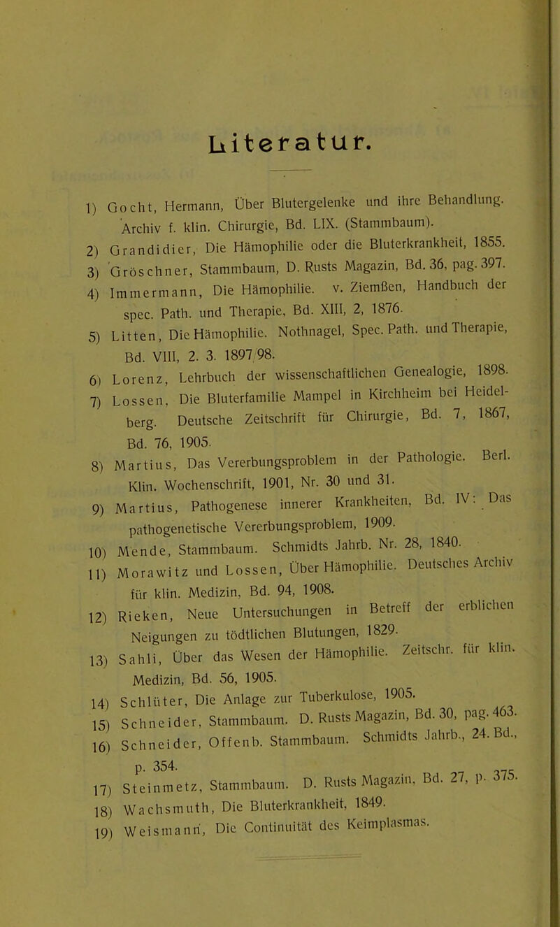 Literatur. 1) Gocht, Hermann, Über Blutergelenke und ihre Behandlung. Archiv f. klin. Chirurgie, Bd. L1X. (Stammbaum). 2) Grandidicr, Die Hämophilie oder die Bluterkrankheit, 1855. 3) Gröschner, Stammbaum, D. Rusts Magazin, Bd. 36, pag.397. 4) Immermann, Die Hämophilie, v. Ziemßen, Handbuch der spec. Path. und Therapie, Bd. XIII, 2, 1876. 5) Litten, Die Hämophilie. Nothnagel, Spec. Path. und Therapie, Bd. VIII, 2. 3. 1897 98. 6) Lorenz, Lehrbuch der wissenschaftlichen Genealogie, 1898. 7) Lossen, Die Bluterfamilie Mampel in Kirchheim bei Heidel- berg. Deutsche Zeitschrift für Chirurgie, Bd. 7, 1867, Bd. 76, 1905. 8) Martins, Das Vererbungsproblem in der Pathologie. Berl. Klin. Wochenschrift, 1901, Nr. 30 und 31. 9) Martius, Pathogenese innerer Krankheiten, Bd. IV. Das pathogenetische Vererbungsproblem, 1909. 10) Monde, Stammbaum. Schmidts Jahrb. Nr. 28, 1840. 11) Morawitz und Lossen, Über Hämophilie. Deutsches Archiv für klin. Medizin, Bd. 94, 1908. 12) Rieken, Neue Untersuchungen in Betreff der erblichen Neigungen zu tödtlichen Blutungen, 1829- 13) Sahli, Über das Wesen der Hämophilie. Zeitschr. für klin. Medizin, Bd. 56, 1905. 14) Schlüter, Die Anlage zur Tuberkulose, 1905. 15) Schneider, Stammbaum. D. Rusts Magazin, Bd. 30, pag. 463. 16) Schneider, Offenb. Stammbaum. Schmidts Jahrb., 24. Bd„ p. 354. „ 17) Steinmetz, Stammbaum. D. Rusts Magazin. Bd. 27, p. 375, 18) Wachsmuth, Die Bluterkrankheit, 1849. 19) Weismanri, Die Continuität des Keimplasmas.
