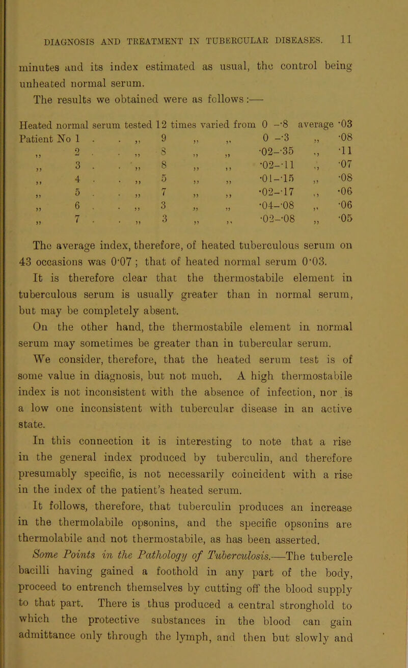 minutes and its index estimated as usual, the control being uuheated normal serum. The results we obtained were as follows:— Heated normal serum tested 12 times varied from 0 -'8 average •03 Patient No 1 • >> 9 yy 0 --3 •08 2 ' U S yy ,, ‘02—‘35 ,, •11 >> 3 . • yj 8 yy „ •02--11 ., •07 > » 4 . • y y 5 y y „ -0I-T5 „ •08 5 • yy 7 yy „ -02--17 „ •06 n 6 . • yy 3 yy 0 1 o 00 •06 7 • M 3 yy ,, -02--08 ■05 The average index, therefore, of heated tuberculous serum on 43 occasions was 0'07 ; that of heated normal serum 0'03. It is therefore clear that the thermostabile element in tuberculous serum is usually greater than in normal serum, but may be completely absent. On the other hand, the thermostabile element in normal serum may sometimes be greater than in tubercular serum. We consider, therefore, that the heated serum test is of some value in diagnosis, but not much. A high thei'mostabile index is not inconsistent with the absence of infection, nor is a low one inconsistent with tubercular disease in an active state. In this connection it is interesting to note that a rise in the general index produced by tuberculin, and therefore presumably specific, is not necessarily coincident with a rise in the index of the patient’s heated serum. It follows, therefore, that tuberculin produces an increase in the thermolabile opsonins, and the specific opsonins are thermolabile and not thermostabile, as has been asserted. Some Points in the Pathology of Tuberculosis.—The tubercle bacilli having gained a foothold in any part of the body, proceed to entrench themselves by cutting off the blood supply to that part. There is thus produced a central stronghold to which the protective substances in the blood can gain admittance only through the lymph, and then but slowly and