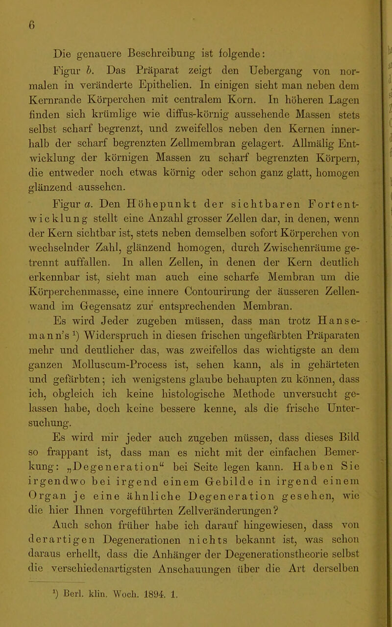 Die genauere Beschreibung ist folgende: Figur h. Das Präparat zeigt den Uebergang von nor- malen in veränderte Epithelien. In einigen sieht man neben dem Kernrande Körperchen mit centralem Korn. In höheren Lagen finden sich krümlige wie diffus-körnig aussehende Massen stets selbst scharf begrenzt, und zweifellos neben den Kernen inner- halb der scharf begrenzten Zellmembran gelagert. Allmälig Ent- wicklung der körnigen Massen zu scharf begrenzten Körpern, die entweder noch etwas körnig oder schon ganz glatt, homogen glänzend aussehcn. Figura. Den Höhepunkt der sichtbaren Fortent- wicklung stellt eine Anzahl grosser Zellen dar, in denen, wenn der Kern sichtbar ist, stets neben demselben sofort Körperchen von wechselnder Zahl, glänzend homogen, durch Zwischenräume ge- trennt auffallen. In allen Zellen, in denen der Kern deutlich erkennbar ist, sieht man auch eine scharfe Membran um die Körperchenmasse, eine innere Contourirung der äusseren Zellen- wand im Gegensatz zur entsprechenden Membran. Es wird Jeder zugeben müssen, dass man trotz Hanse- mann’s Widerspruch in diesen frischen ungefärbten Präparaten mehr und deutlicher das, was zweifellos das wichtigste an dem ganzen Molluscum-Process ist, sehen kann, als in gehärteten und gefärbten; ich wenigstens glaube behaupten zu können, dass ich, obgleich ich keine histologische Methode unversucht ge- lassen habe, doch keine bessere kenne, als die frische Unter- suchung. Es wird mir jeder auch zugeben müssen, dass dieses Bild so frappant ist, dass man es nicht mit der einfachen Bemer- kung: „De ge neration“ bei Seite legen kann. Haben Sie irgendwo bei irgend einem Gebilde in irgend einem Org an je eine ähnliche Degeneration gesehen, wie die hier Ihnen vorgeführten Zellveränderungen ? Auch schon früher habe ich darauf hingewiesen, dass von derartigen Degenerationen nichts bekannt ist, was schon daraus erhellt, dass die Anhänger der Degenerationstheorie selbst die verschiedenartigsten Anschauungen über die Art derselben • ^ 1 *) Beii. klin. Woch. 1894. 1.