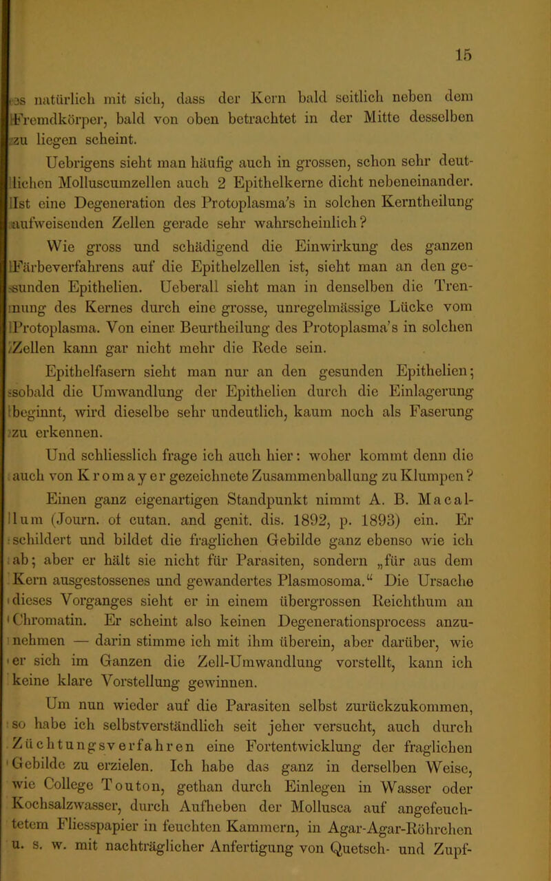 f3s natürlich mit sich, dass der Kern bald seitlich neben dem HTremdkörpei’, bald von oben betrachtet in der Mitte desselben zzu liegen scheint. Uebrigens sieht man häufig auch in grossen, schon sehr deut- llichen Molluscumzellen auch 2 Epithelkerne dicht nebeneinander, llst eine Degeneration des Protoplasma's in solchen Kerntheilung :tiufweisenden Zellen gerade sehr wahrscheinlich? Wie gross und schädigend die Einwirkung des ganzen IFärbeverfahrens auf die Epithelzellen ist, sieht man an den ge- :«unden Epithelien. üeberall sieht man in denselben die Tren- inung des Kernes durch eine grosse, unregelmässige Lücke vom IProtoplasma. Von einer. Beurtheilung des Protoplasma’s in solchen /Zellen kann gar nicht mehr die Rede sein. Epithelfasern sieht man nur an den gesunden Epithelien 5 ssobald die UiuAvandlung der Epithelien durch die Einlagerung Ibeginnt, wird dieselbe sehr undeutlich, kaum noch als Faserung jzu erkennen. Und schliesslich frage ich auch hier: woher kommt denn die . auch von K r 0 m a y e r gezeichnete Zusammenball ung zu Klumpen ? Einen ganz eigenartigen Standpunkt nimmt A. B. Macal- IIum (Journ. of cutan. and genit. dis. 1892, p. 1893) ein. Er : schildert und bildet die fraglichen Gebilde ganz ebenso wie ich .ab; aber er hält sie nicht für Parasiten, sondern „für aus dem Kern ausgestossenes und gewandertes Plasmosoma.“ Die Ursache I dieses Vorganges sieht er in einem übergrossen Reichthum an I Chromatin. Er scheint also keinen Degenerationsprocess anzu- 1 nehmen — darin stimme ich mit ihm überein, aber darüber, wie • er sich im Ganzen die Zell-Umwandlung vorstellt, kann ich keine klare Vorstellung gewinnen. Um nun wieder auf die Parasiten selbst zurückzukommen, !So habe ich selbstverständlich seit jeher versucht, auch durch Züchtungsverfahren eine Fortentwicklung der fraglichen 'Gebilde zu erzielen. Ich habe das ganz in derselben Weise, wie College Touton, gethan durch Einlegen in Wasser oder Kochsalzwasser, durch Aufheben der Mollusca auf angefeuch- tetem Fliesspapier in feuchten Kammern, in Agar-Agar-Röhrchen u. s. w. mit nachträglicher Anfertigung von Quetsch- und Zupf-